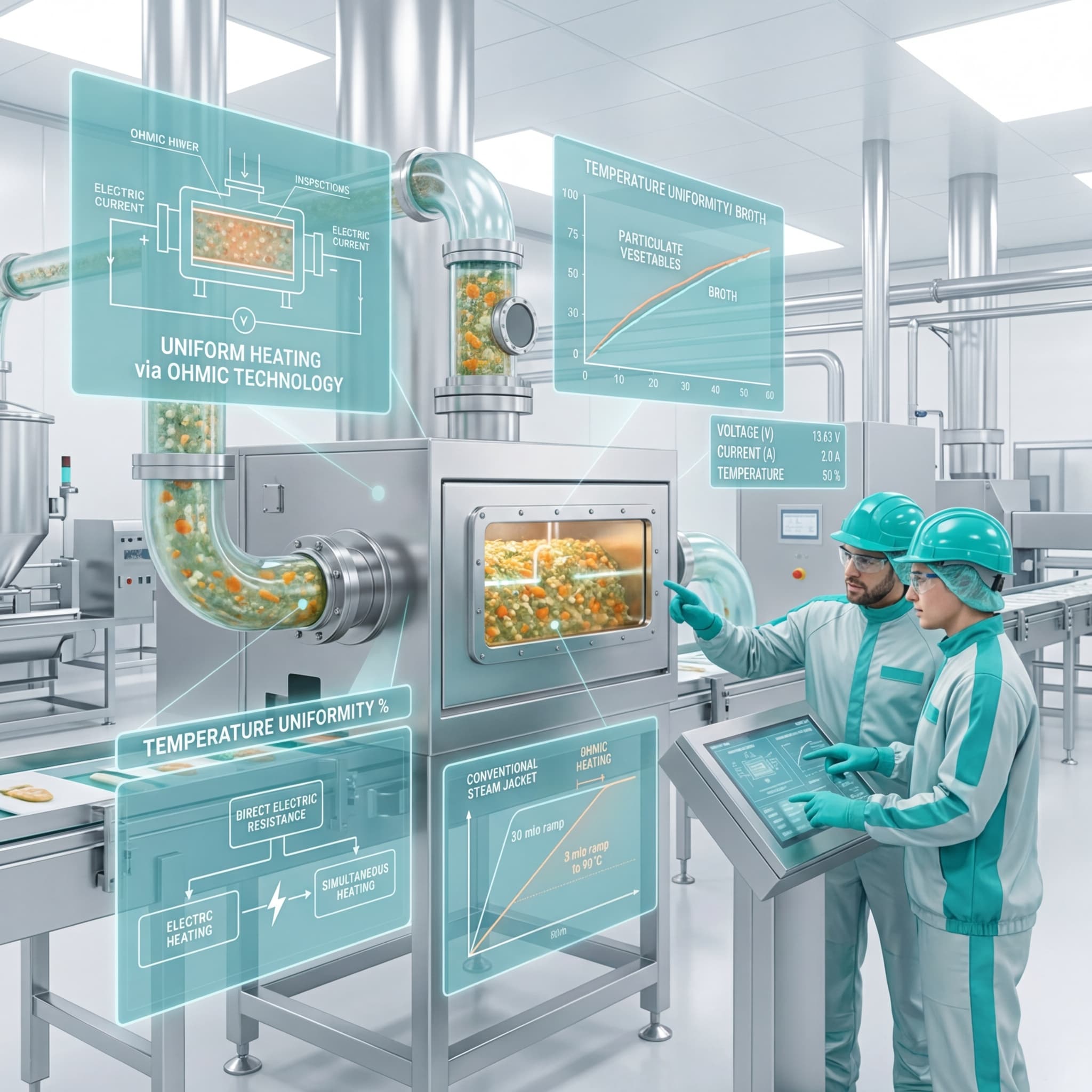Two engineers monitoring an ohmic heating system processing particulate vegetable soup with holographic displays showing temperature uniformity and electric current flow diagrams