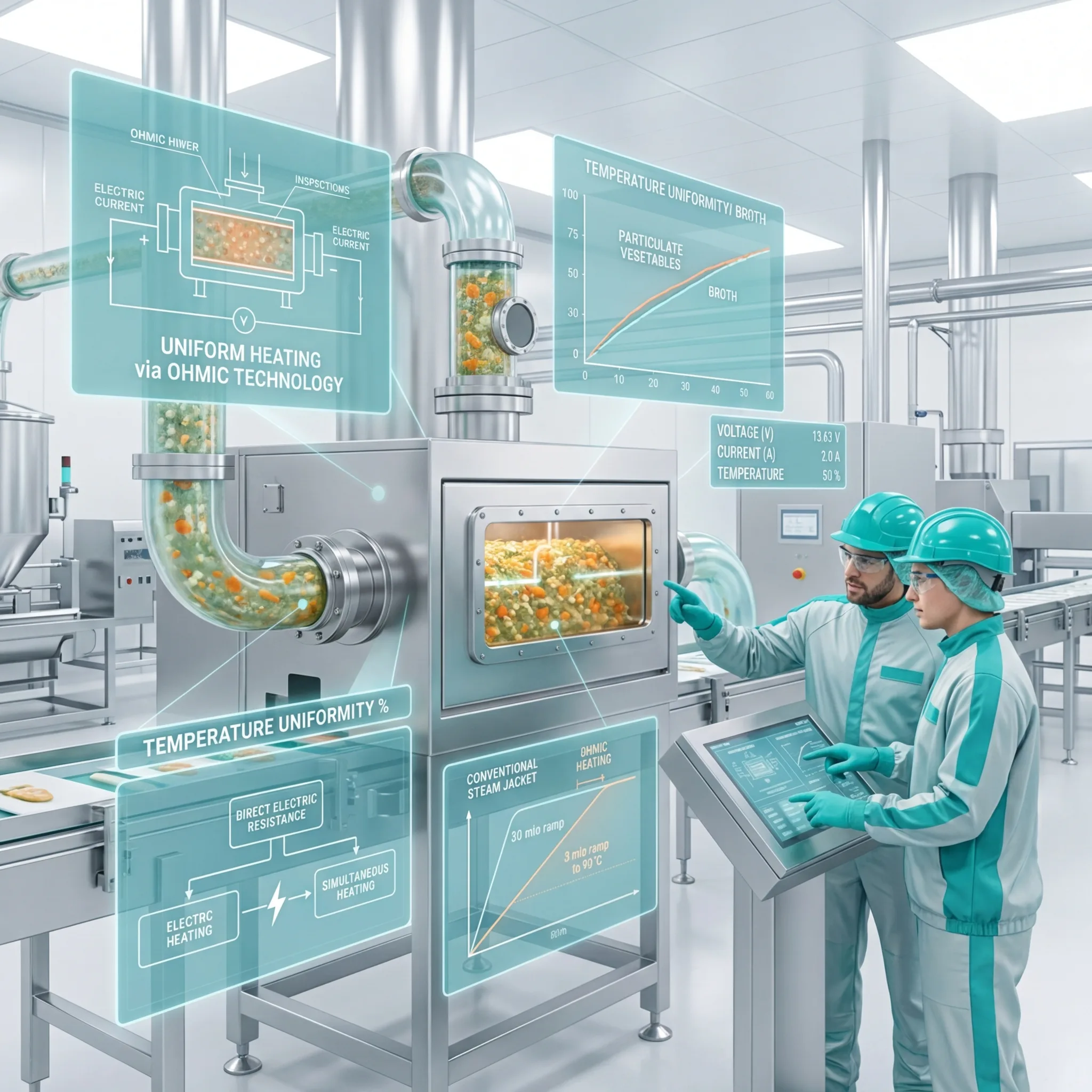 Two engineers monitoring an ohmic heating system processing particulate vegetable soup with holographic displays showing temperature uniformity and electric current flow diagrams