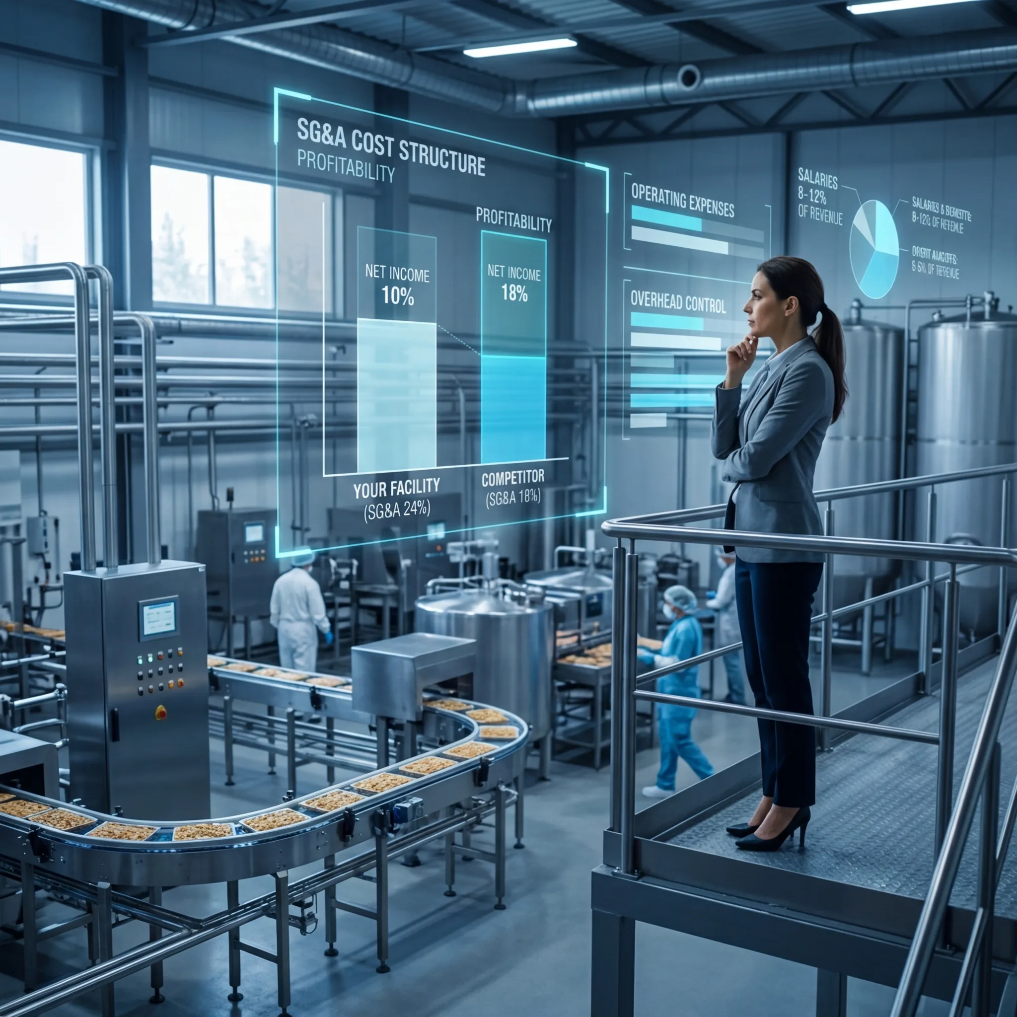 CFO reviewing SG&A cost structure and profitability comparison displays overlooking a food production floor