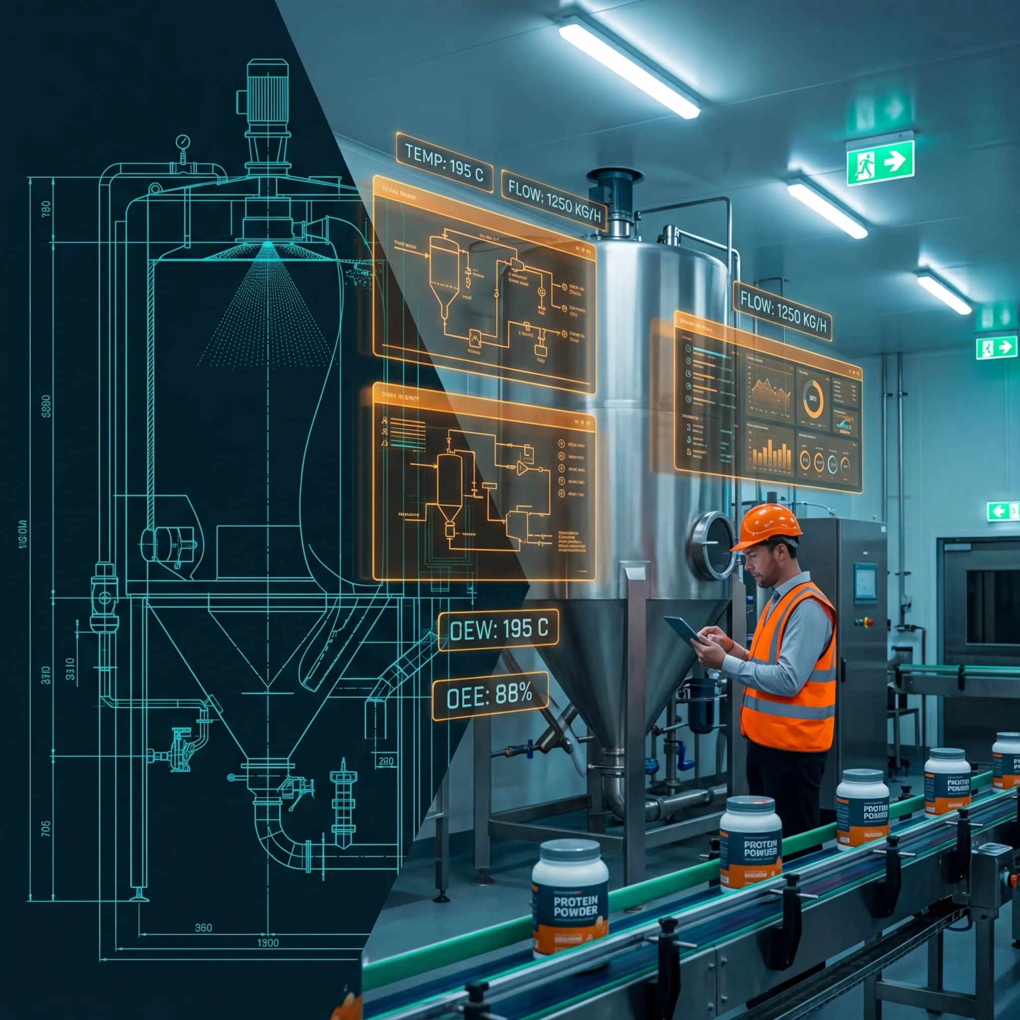 Split view of engineering blueprint and operator monitoring real-time dashboard displays on a bottling line