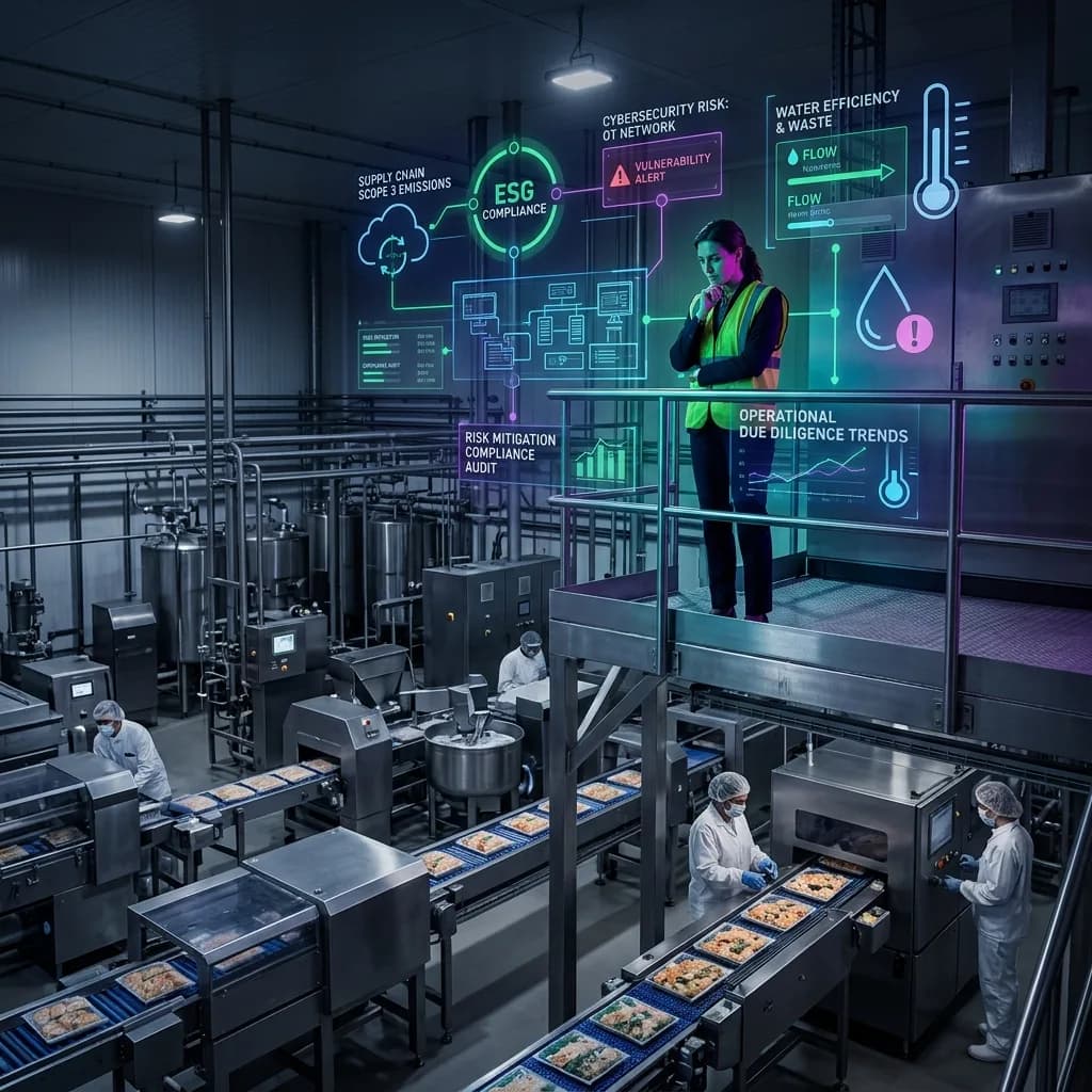 Manager reviewing operational due diligence trend displays including ESG and water efficiency metrics in a food manufacturing facility