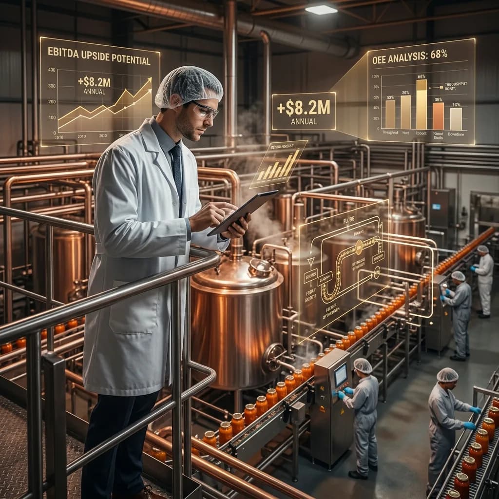 Analyst in a white lab coat reviewing operational data on a tablet inside a food manufacturing facility with copper processing tanks and digital performance overlays