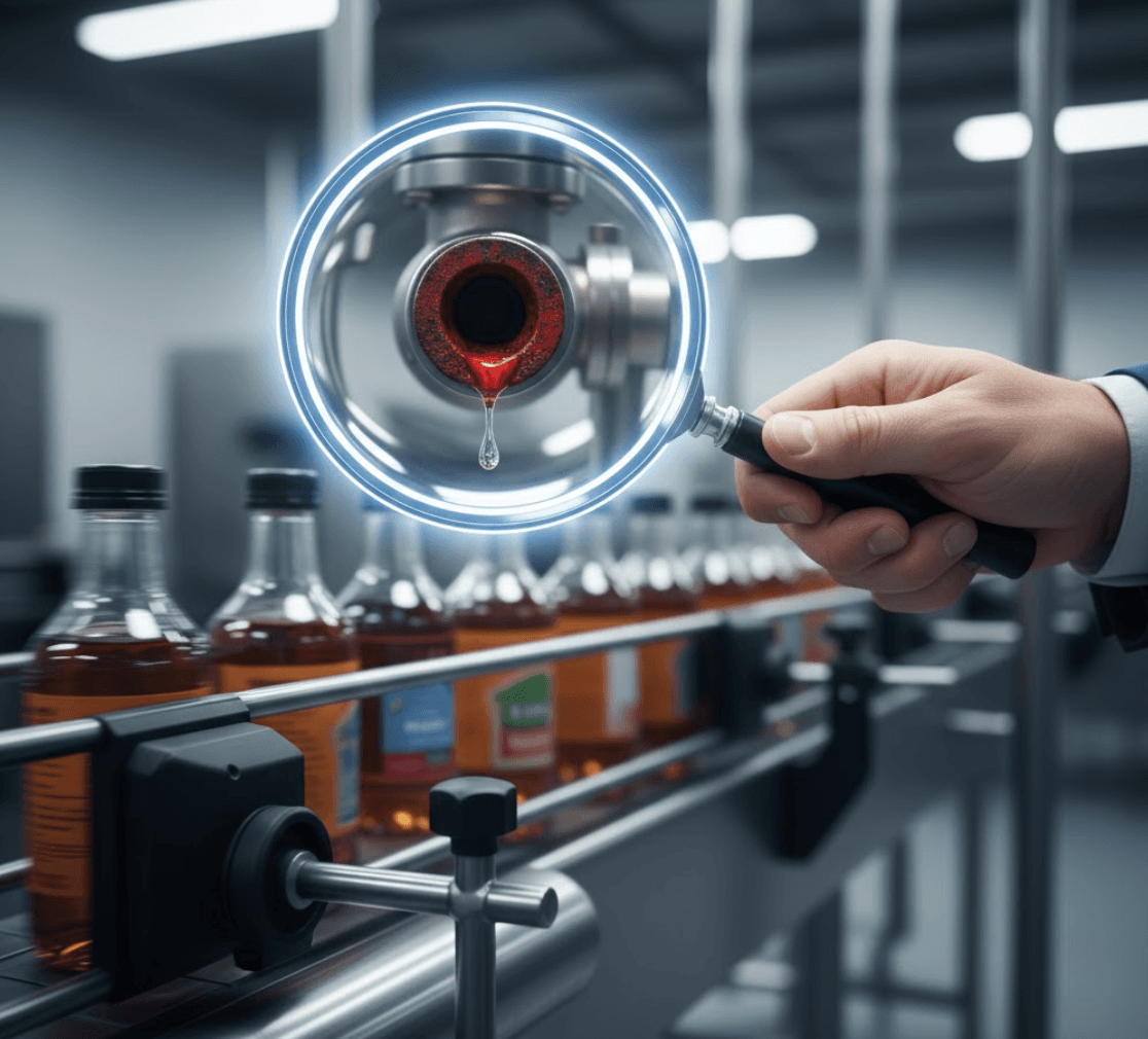 Magnifying glass with diagnostic overlay examining beverage production line equipment for operational issues