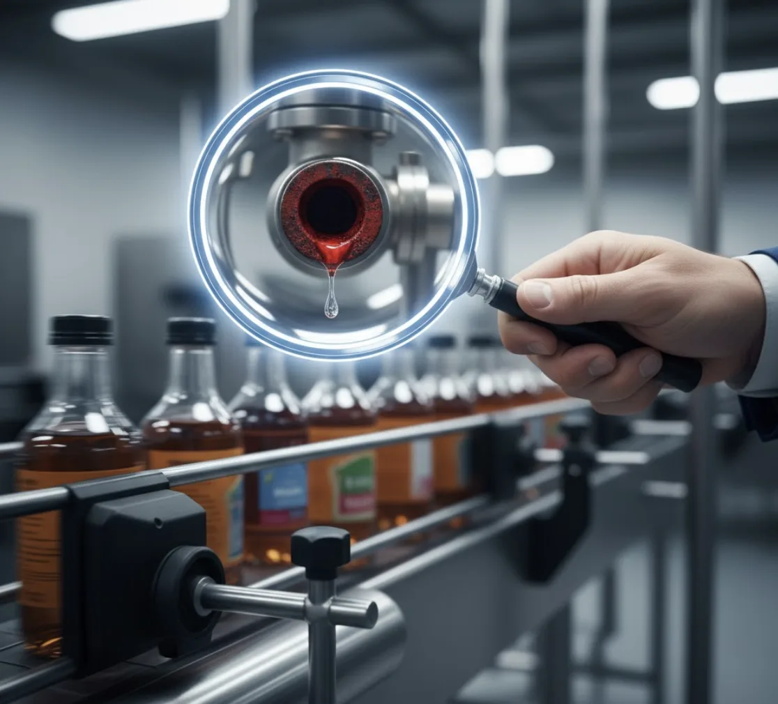 Magnifying glass with diagnostic overlay examining beverage production line equipment for operational issues