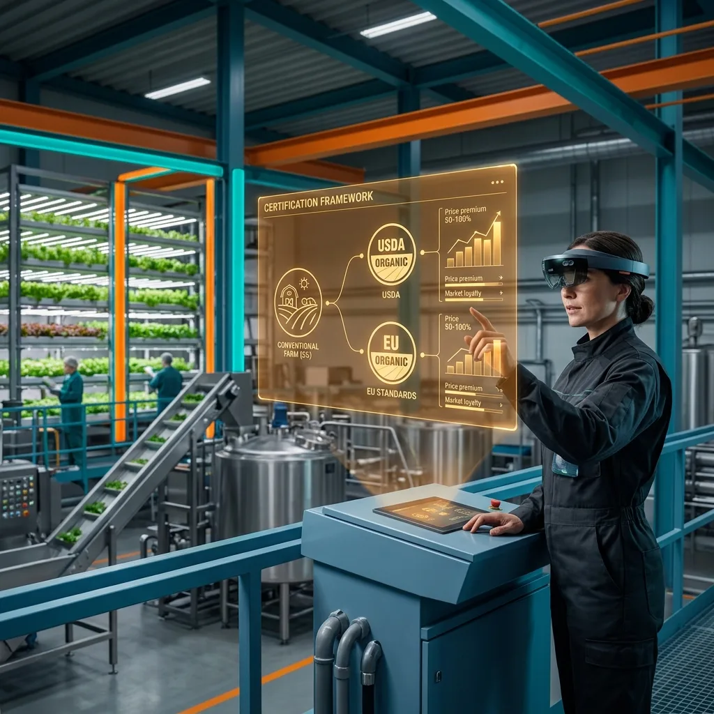 Plant operator wearing AR headset reviewing organic certification framework holographic display in a food processing facility with hydroponic growing systems