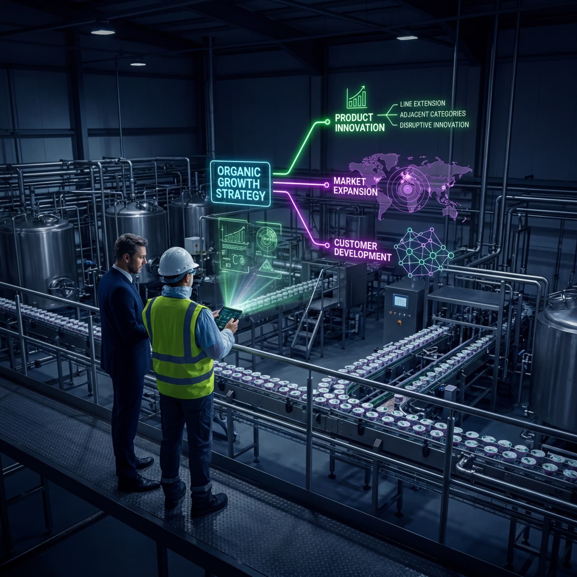 Two professionals reviewing organic growth strategy with product innovation, market expansion, and customer development displays in a beverage facility