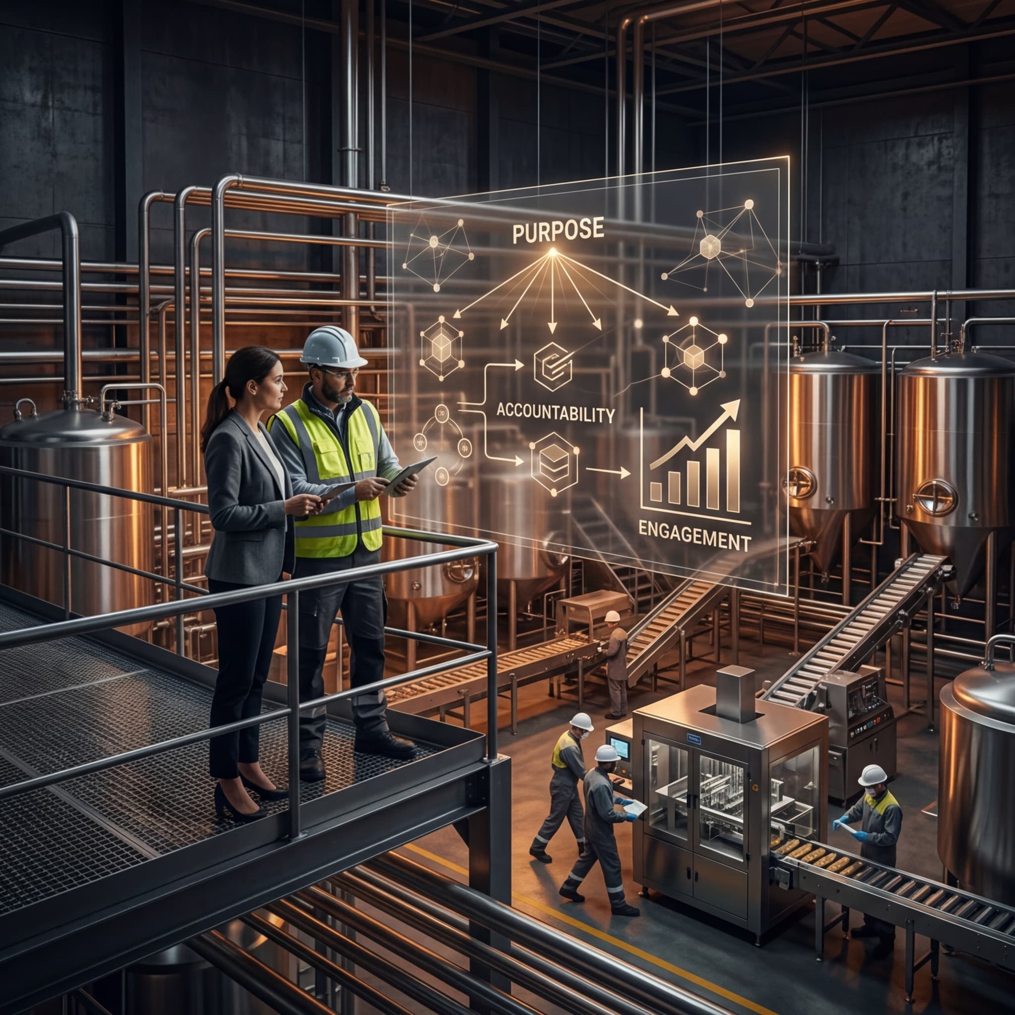Two leaders reviewing purpose and accountability metrics on tablet in food manufacturing facility