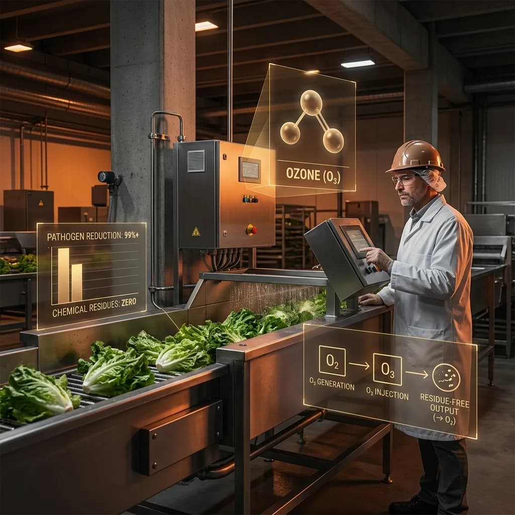 Facility engineer monitoring an ozone treatment system processing leafy greens with holographic O3 molecular diagram and pathogen reduction metrics