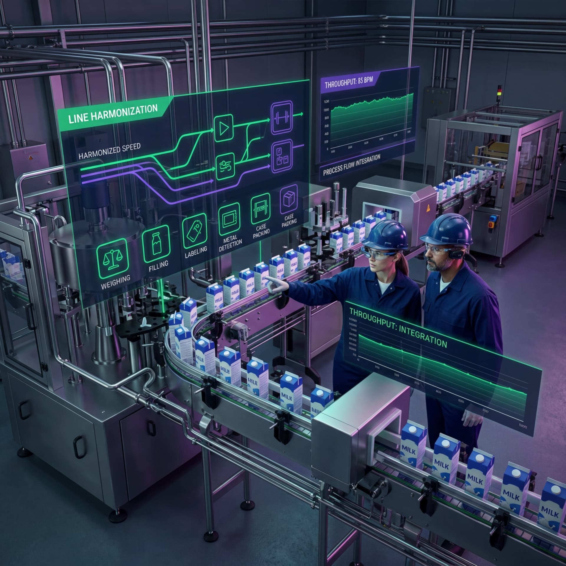 Overhead view of a synchronized dairy packaging line with engineers monitoring holographic line harmonization displays showing throughput integration across weighing, filling, labeling, and case packing stations