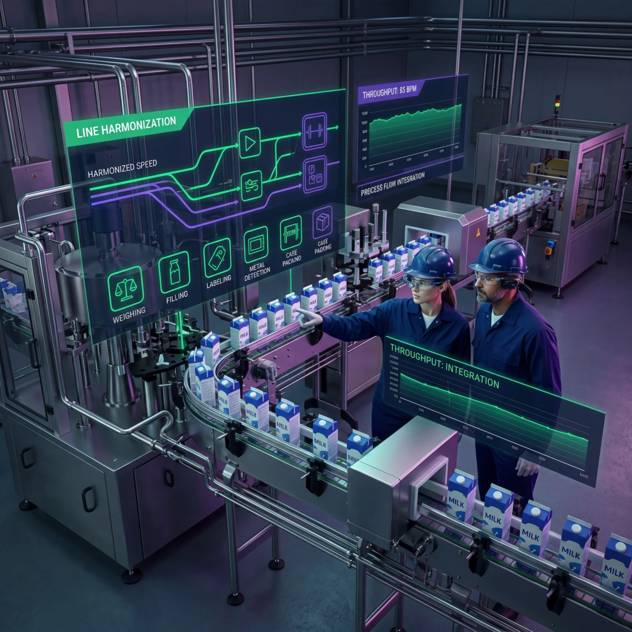 Overhead view of a synchronized dairy packaging line with engineers monitoring holographic line harmonization displays showing throughput integration across weighing, filling, labeling, and case packing stations