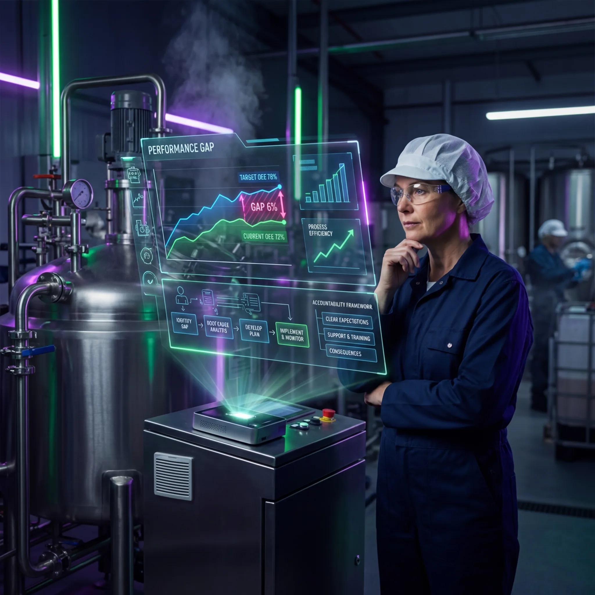 Plant manager reviewing performance gap dashboard showing OEE targets and accountability framework