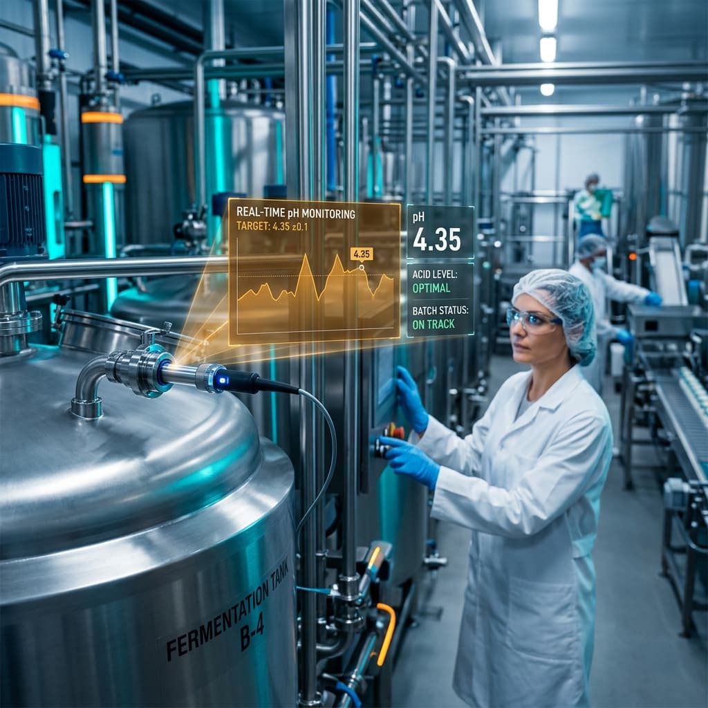 Food scientist monitoring inline pH sensors on stainless steel fermentation tanks with holographic real-time pH trend display showing 4.35 target value