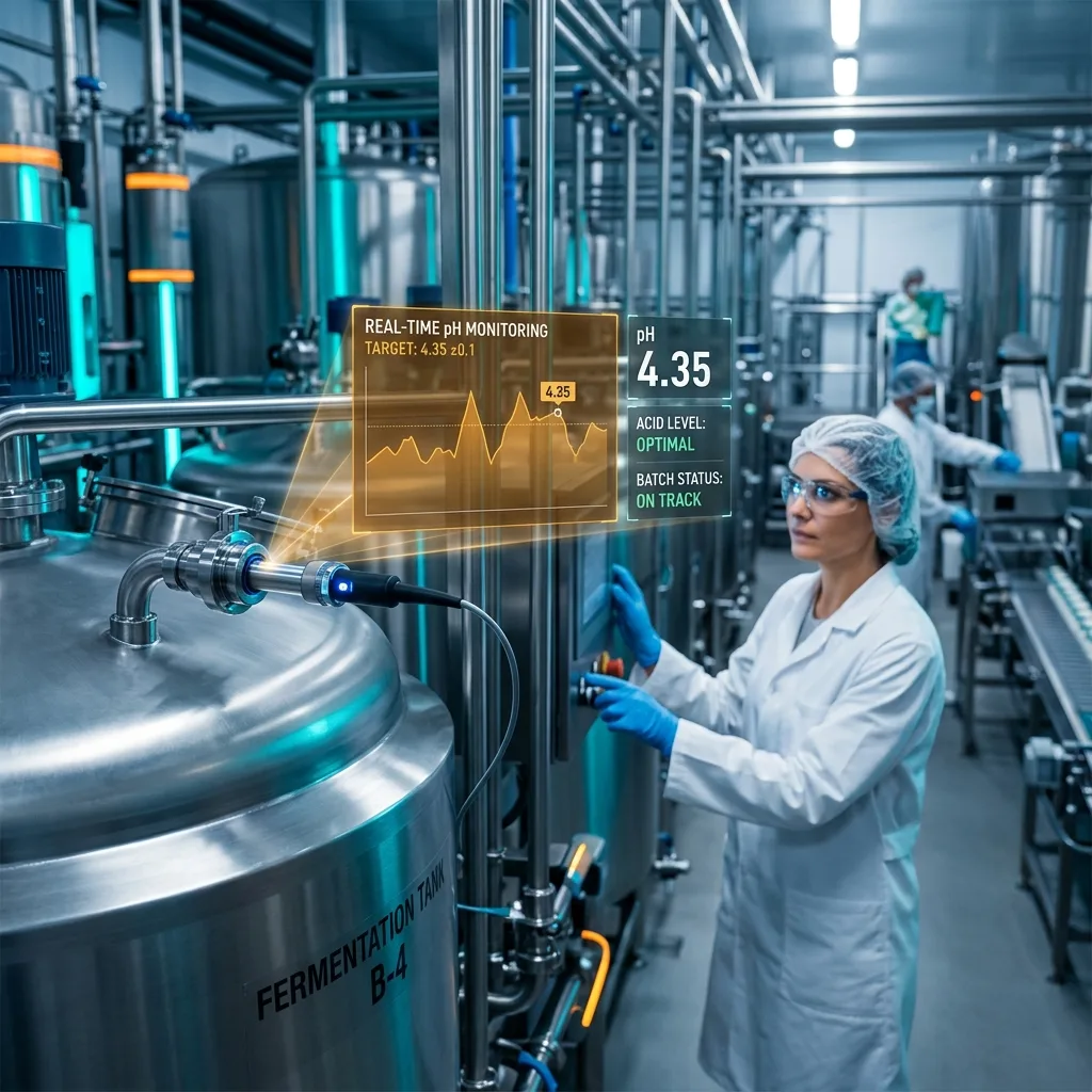 Food scientist monitoring inline pH sensors on stainless steel fermentation tanks with holographic real-time pH trend display showing 4.35 target value
