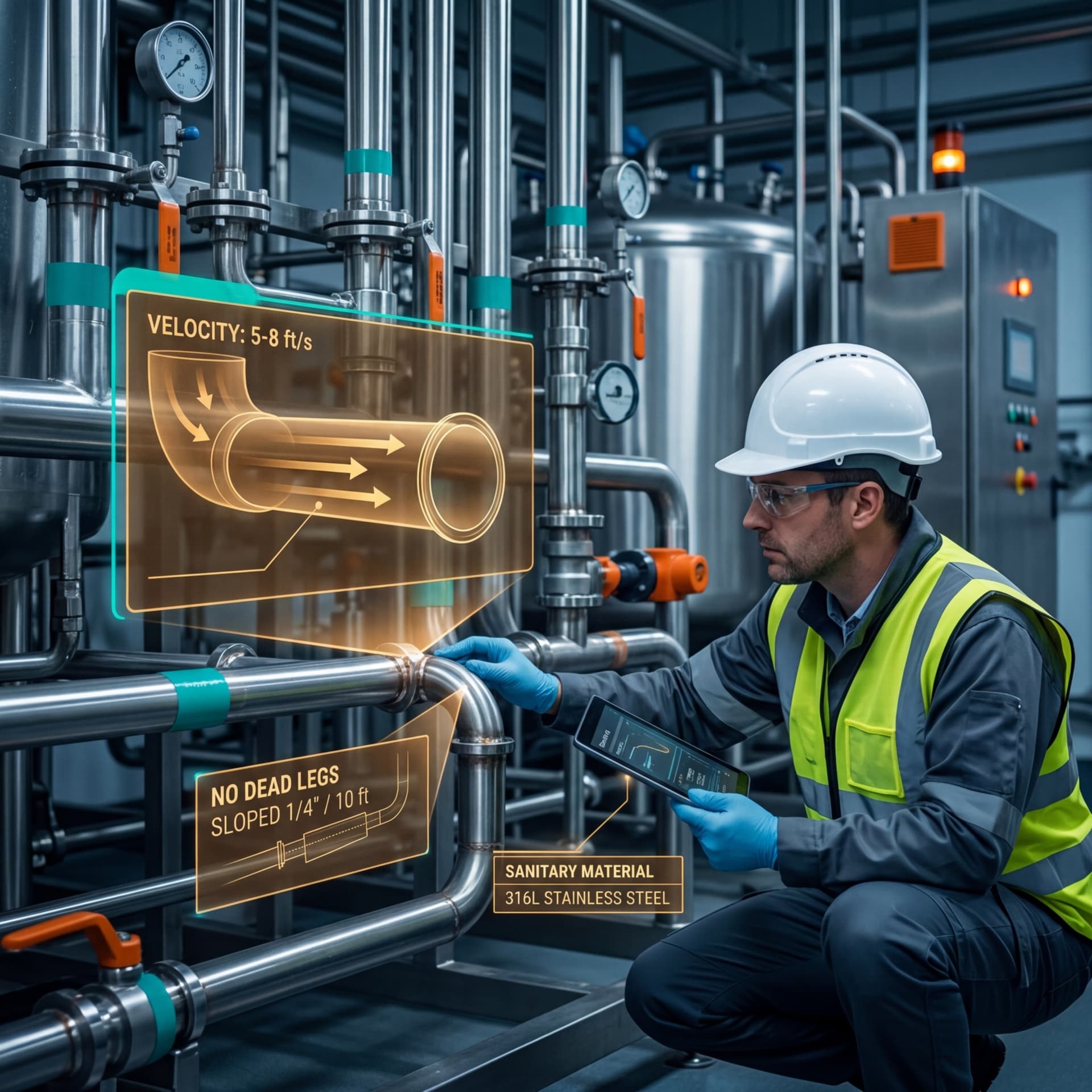 Plant engineer inspecting stainless steel sanitary piping connections with holographic overlays showing flow velocity specifications, dead leg elimination guidelines, and 316L material callouts
