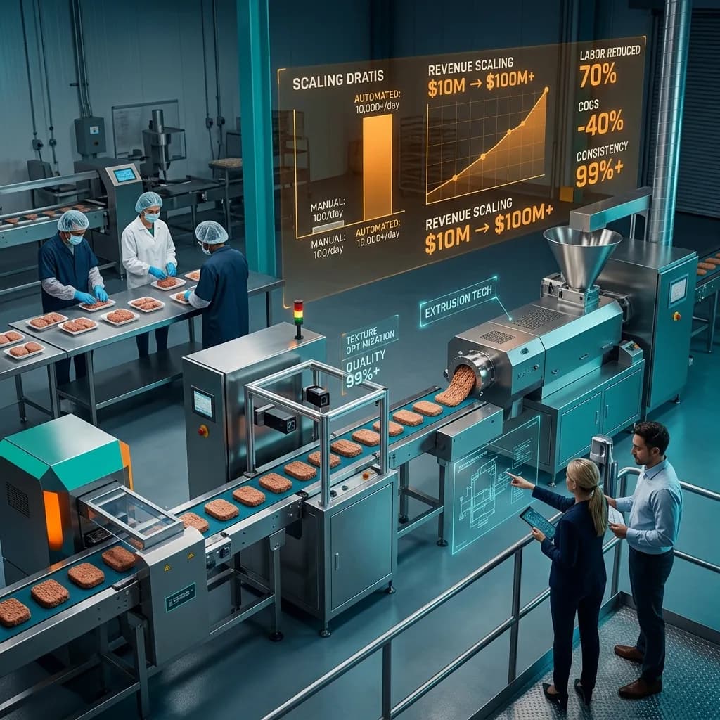 Overhead view of an automated plant-based protein production line with extrusion equipment, robotic arms, and holographic scaling metrics showing revenue growth