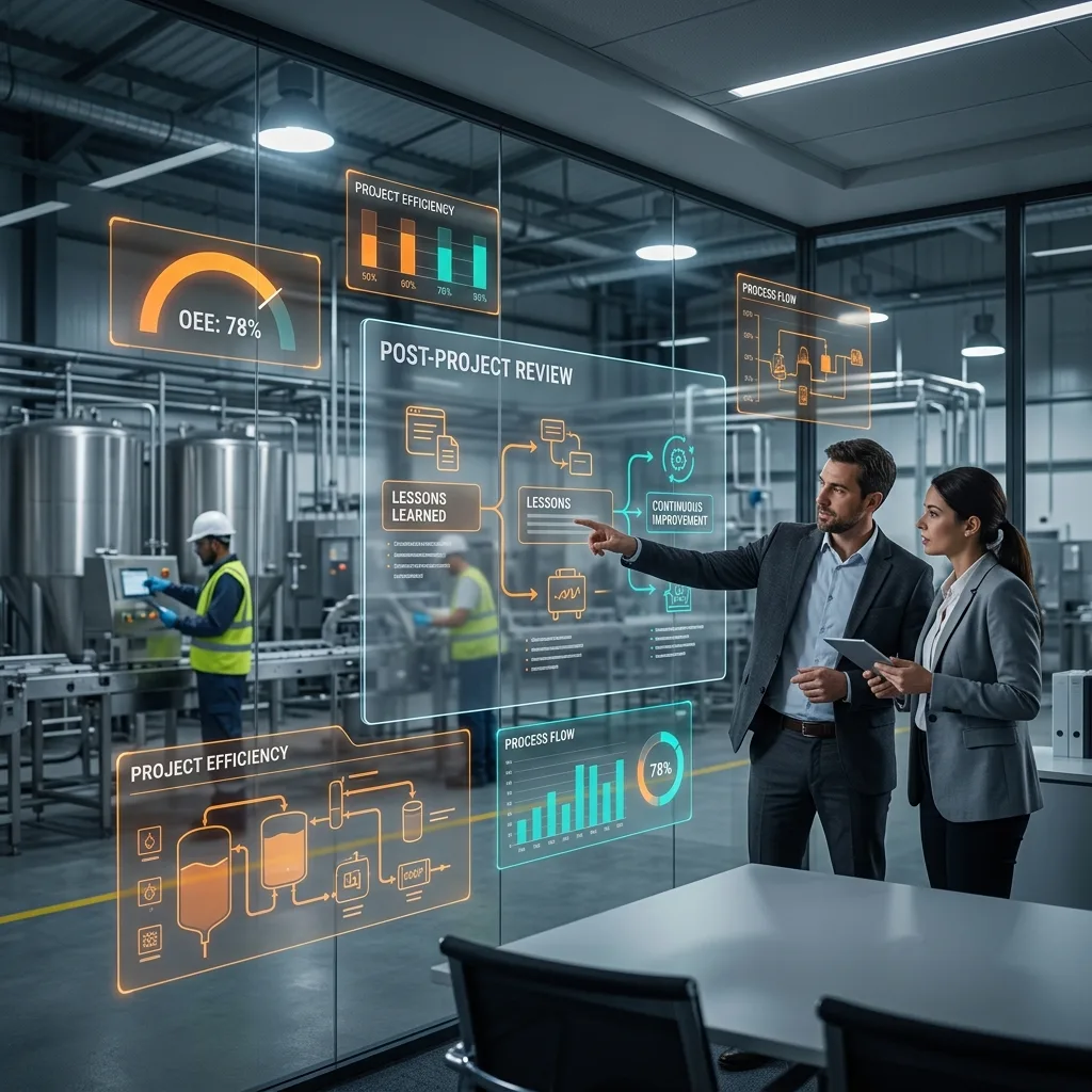 Two professionals reviewing post-project analytics and performance dashboards overlooking a food manufacturing floor