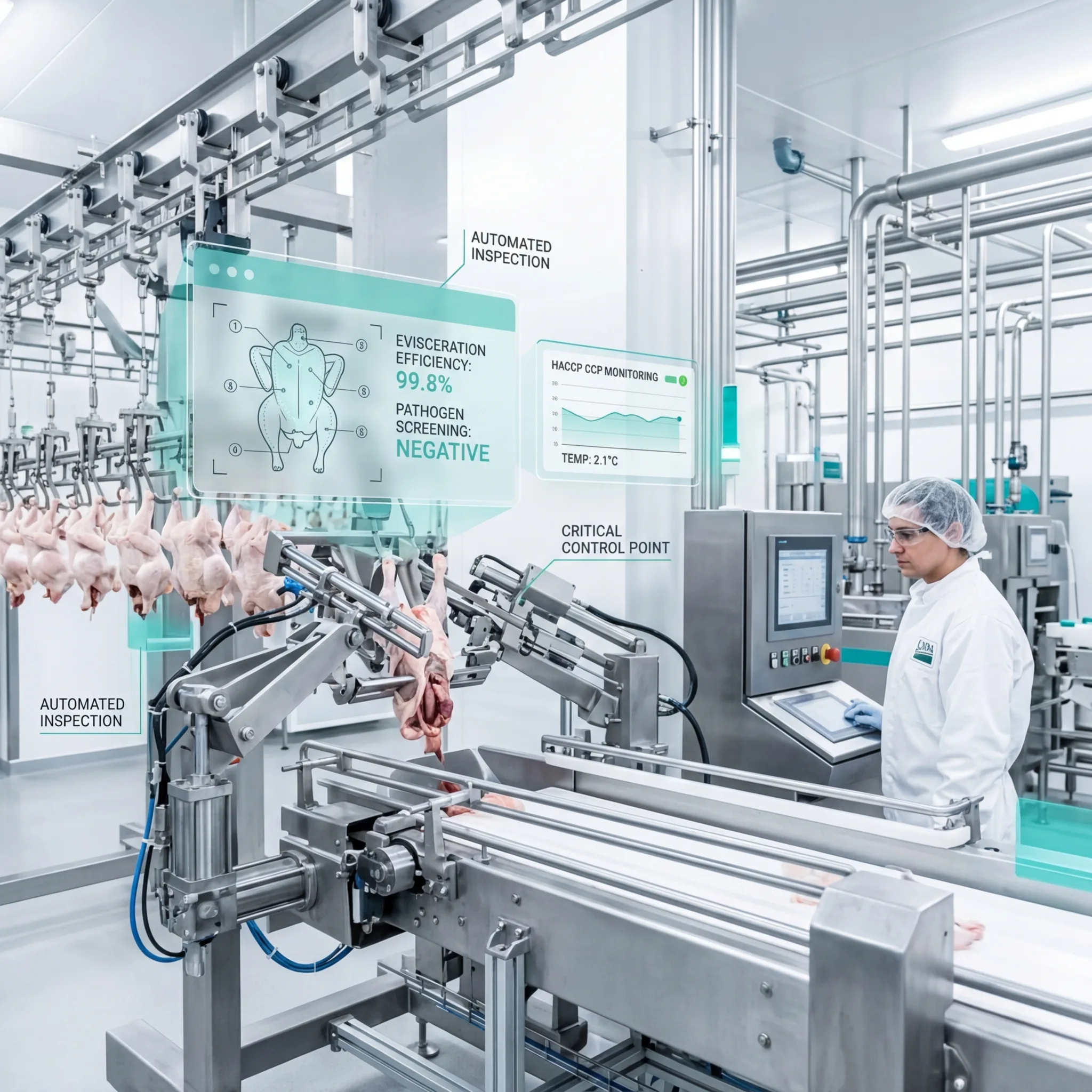 Automated poultry processing line with HACCP critical control point monitoring showing evisceration efficiency and pathogen screening results