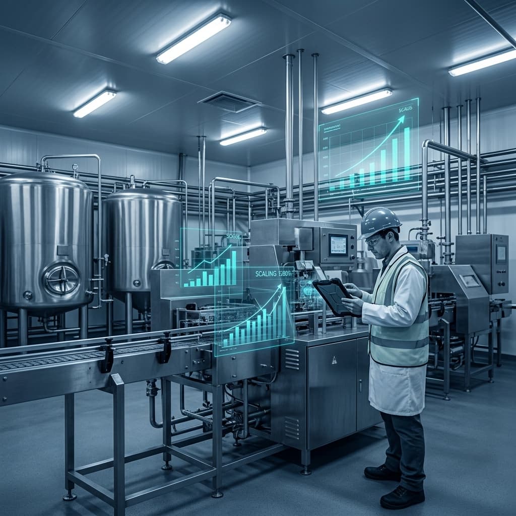 Engineer reviewing digital analytics displays in a food manufacturing facility with stainless steel processing equipment