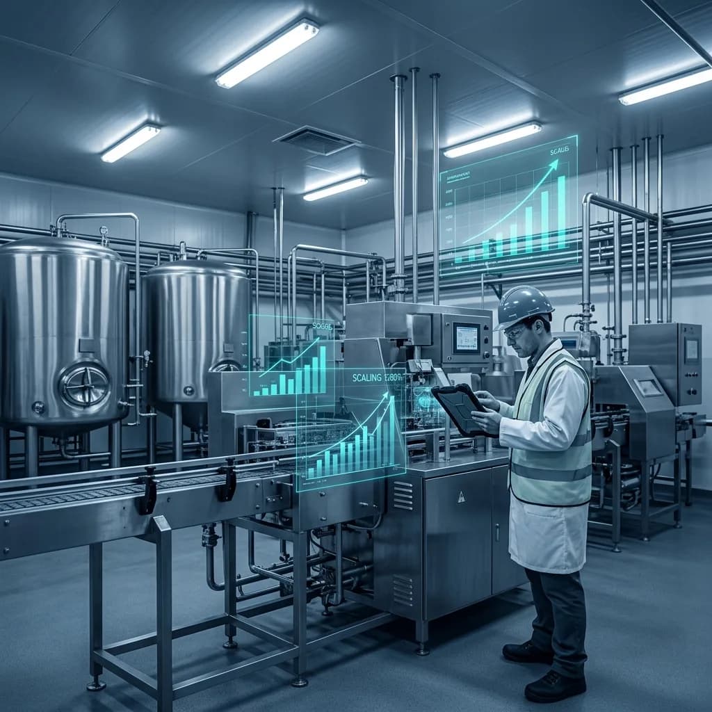 Engineer reviewing digital analytics displays in a food manufacturing facility with stainless steel processing equipment