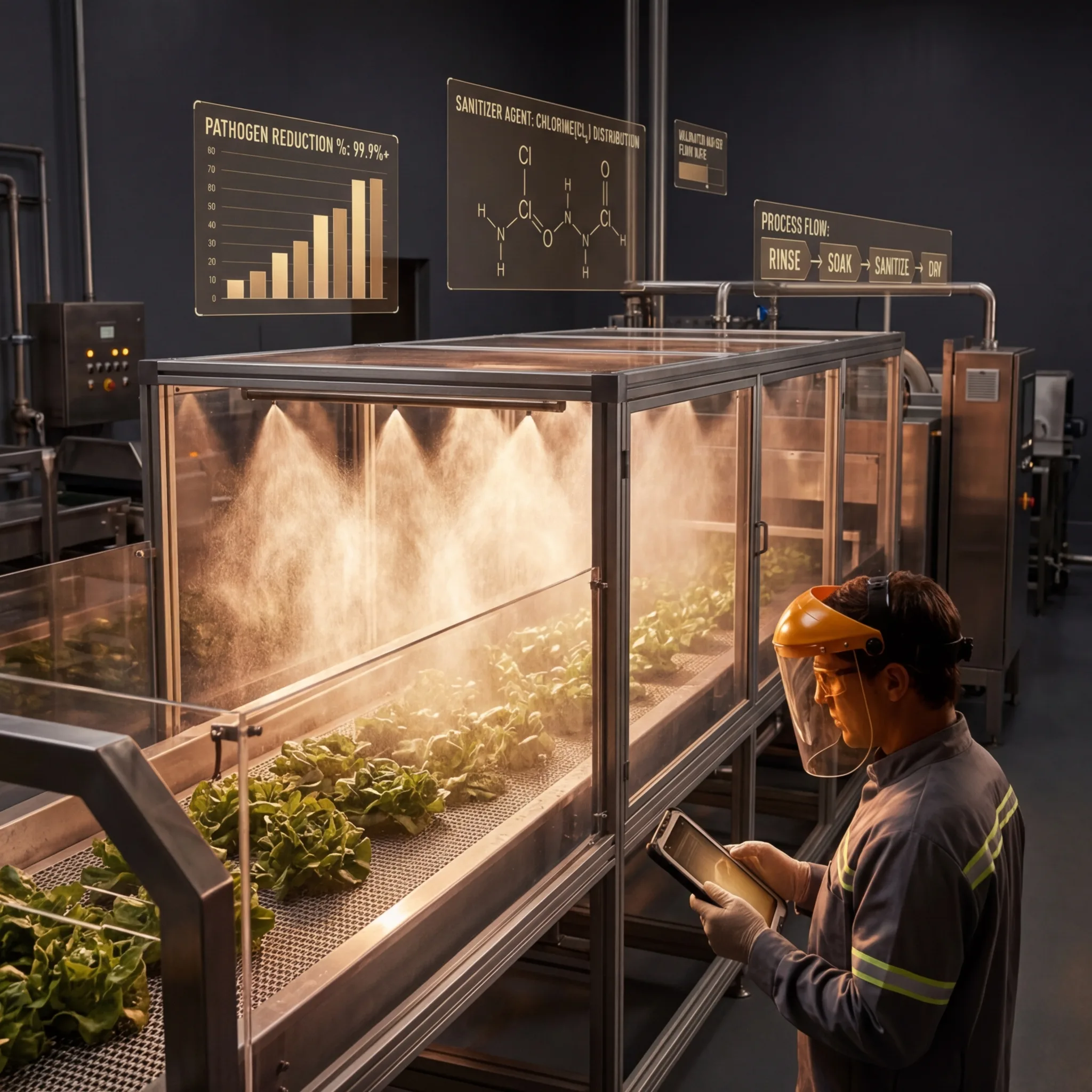 Industrial produce washing system spraying leafy greens on a conveyor with pathogen reduction charts and sanitizer chemistry displays overhead