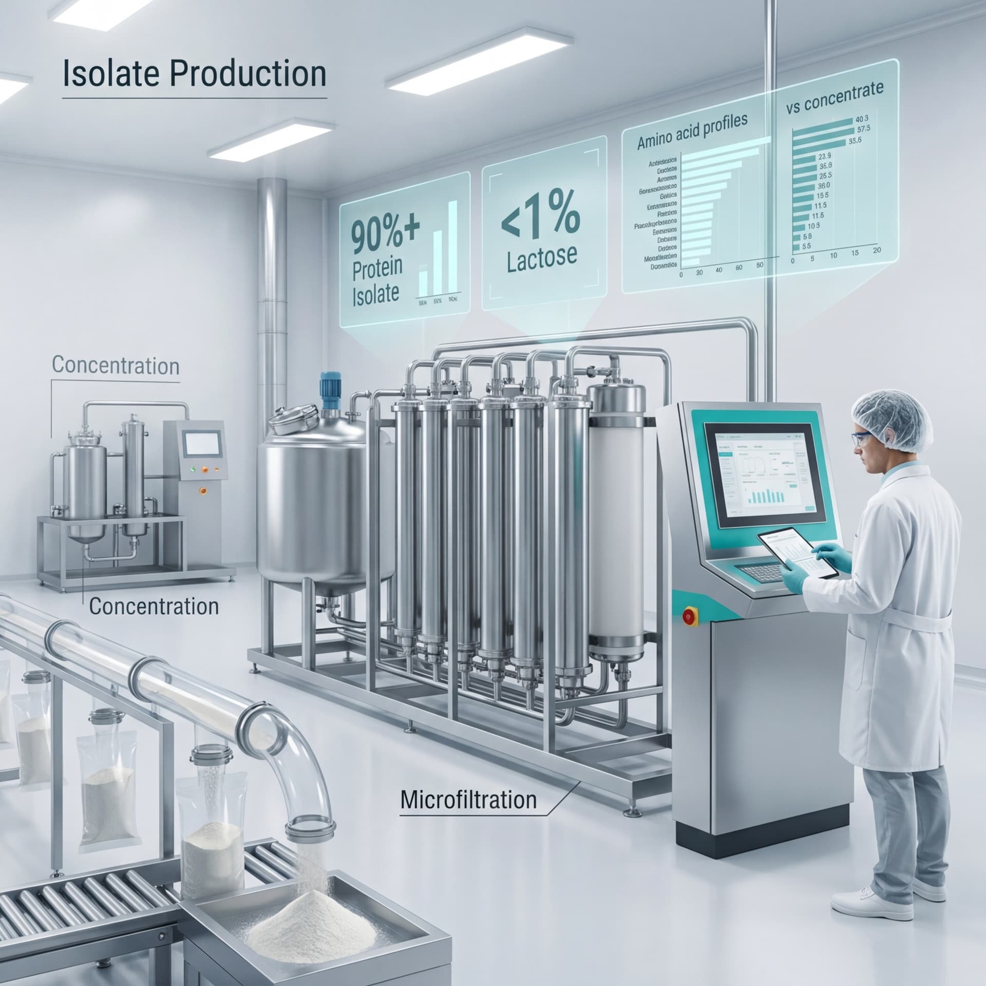 Technician operating a microfiltration and ion exchange protein isolation system with digital displays showing 90%+ protein purity and amino acid profiles