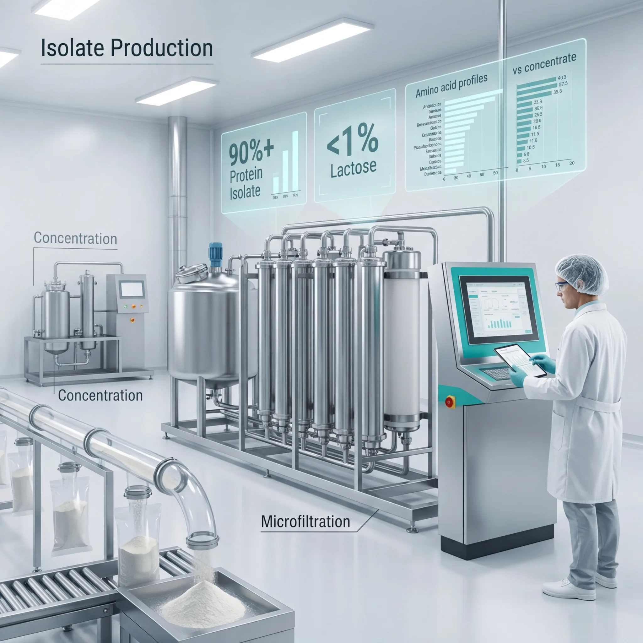 Technician operating a microfiltration and ion exchange protein isolation system with digital displays showing 90%+ protein purity and amino acid profiles