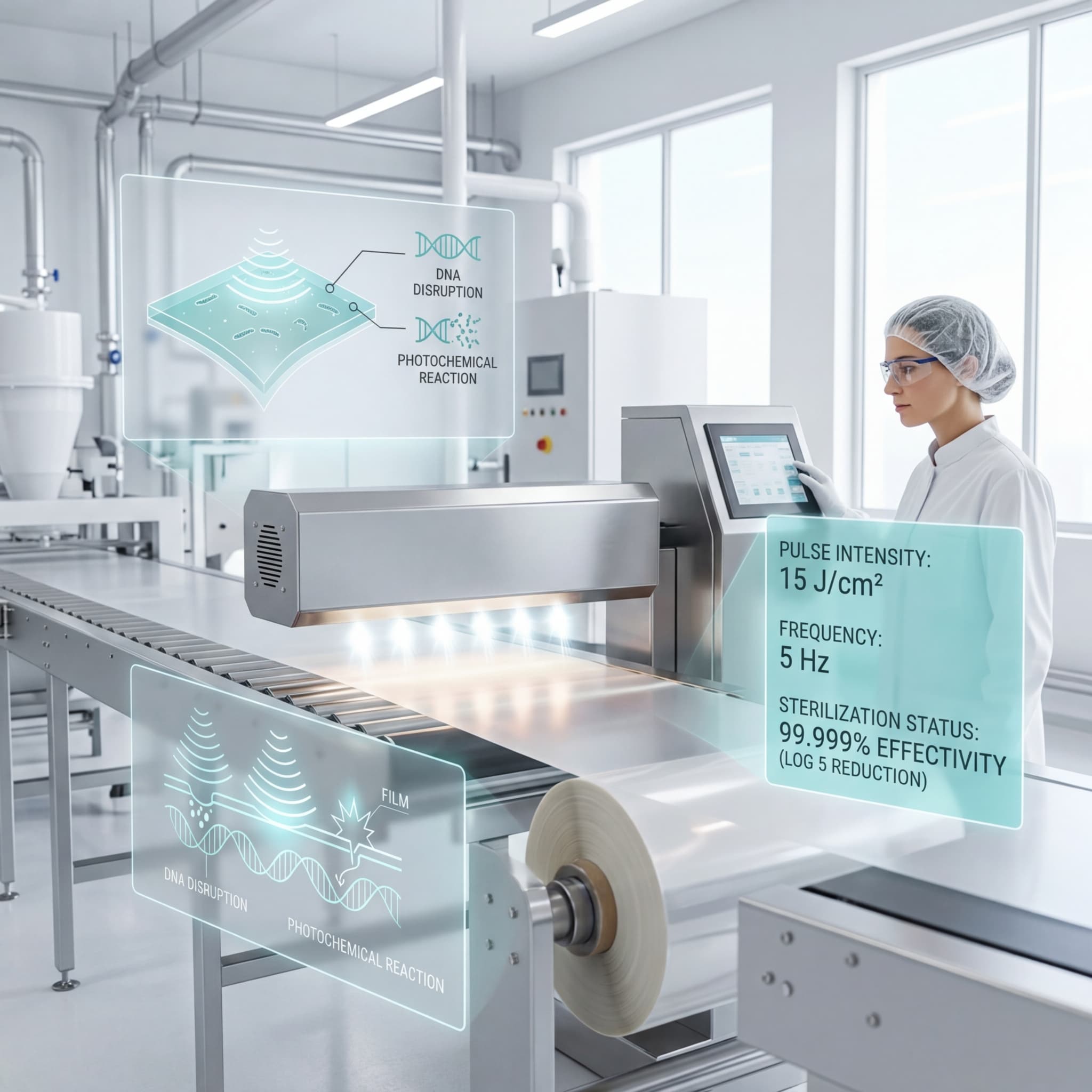 Food safety technician monitoring a pulsed light sterilization system treating packaging film on a conveyor with digital overlays showing pulse intensity, frequency, and sterilization effectiveness data