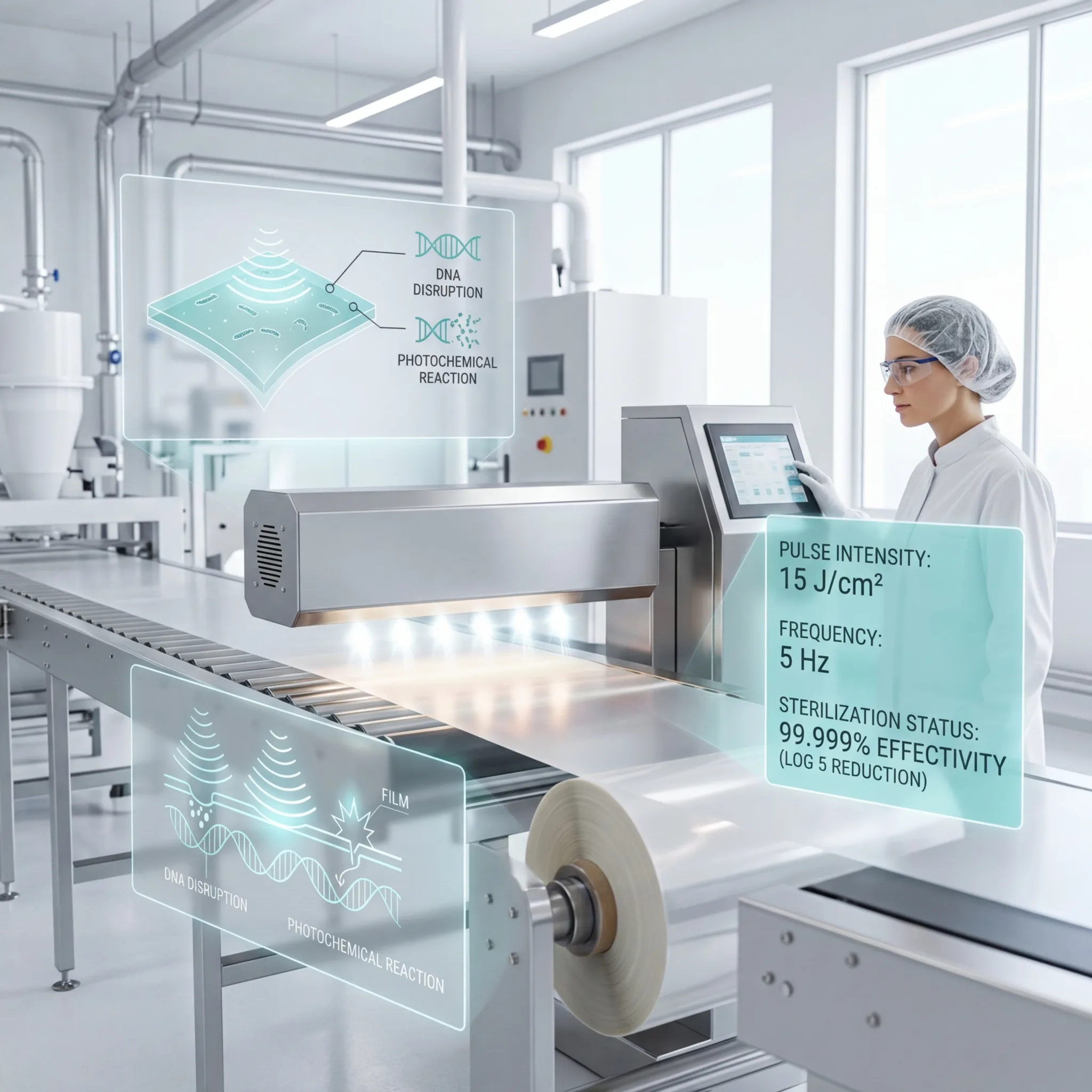 Food safety technician monitoring a pulsed light sterilization system treating packaging film on a conveyor with digital overlays showing pulse intensity, frequency, and sterilization effectiveness data