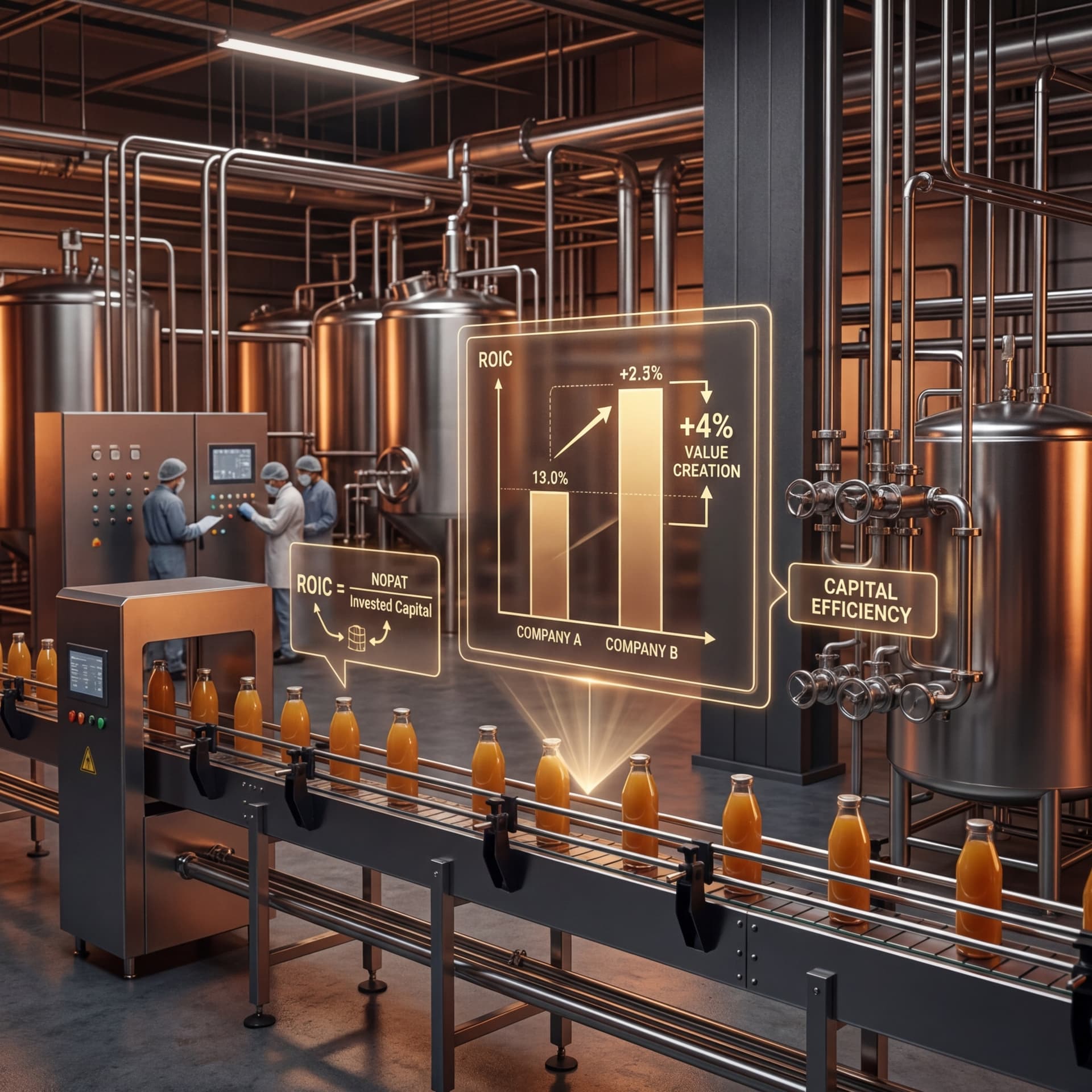 Operations team reviewing ROIC and capital efficiency comparison displays on a beverage bottling production line