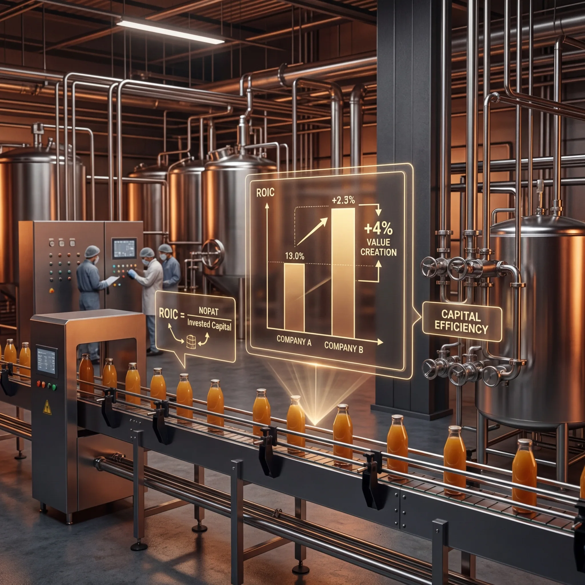 Operations team reviewing ROIC and capital efficiency comparison displays on a beverage bottling production line