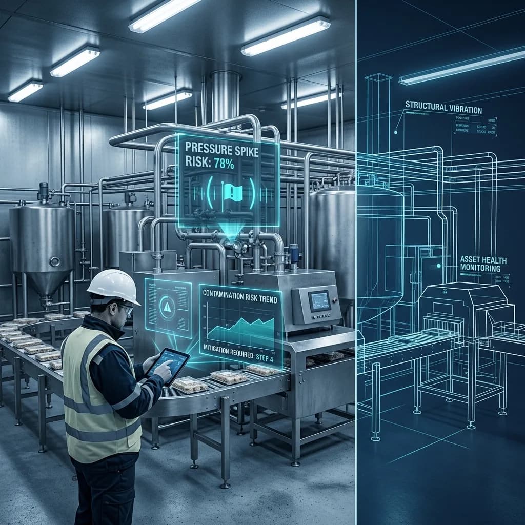 Technician monitoring risk assessment displays and equipment health data in a food manufacturing facility
