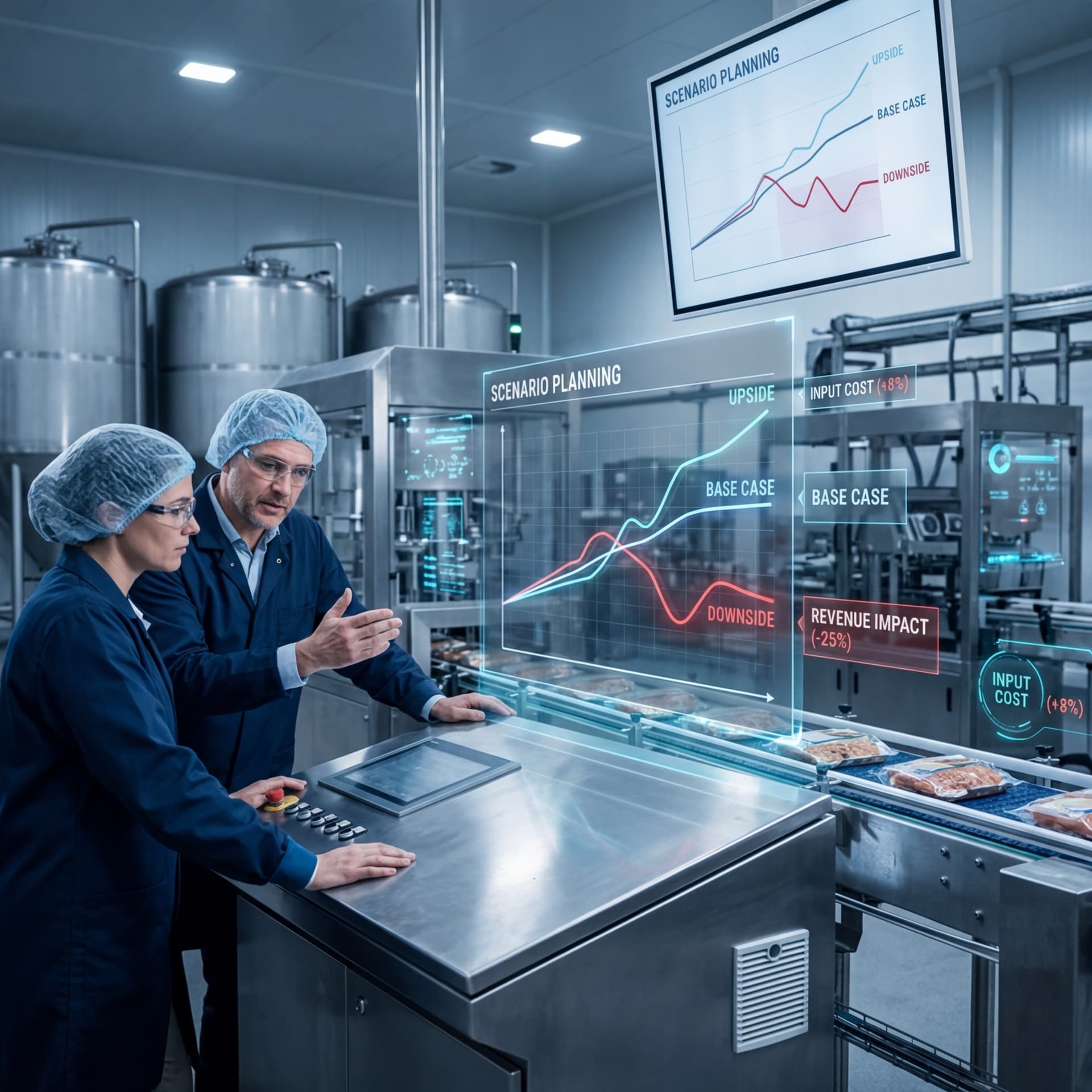 Two food plant managers reviewing scenario planning charts with upside, base case, and downside projections