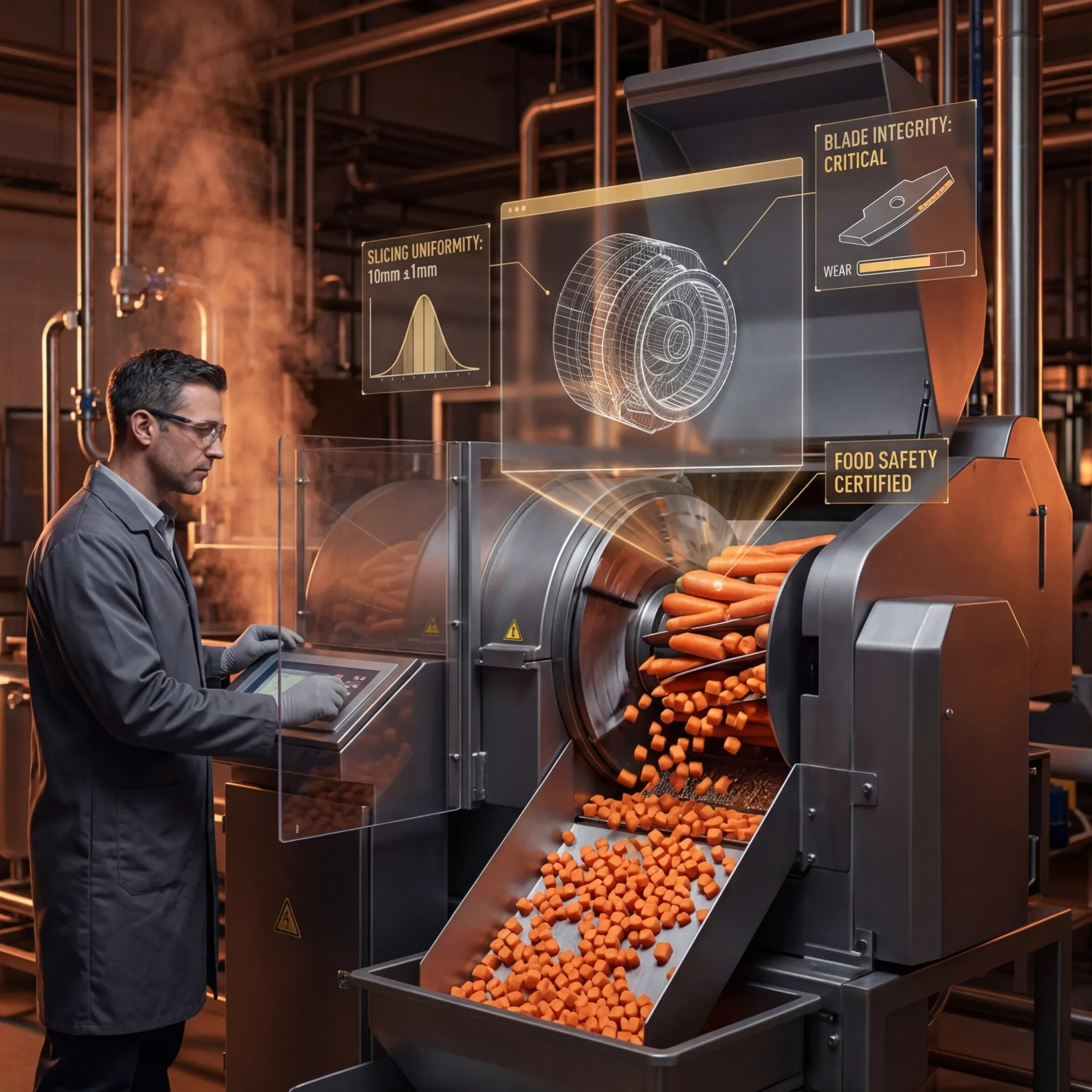 Operator monitoring an industrial dicing machine cutting carrots with holographic displays showing slicing uniformity, blade integrity, and food safety certification data