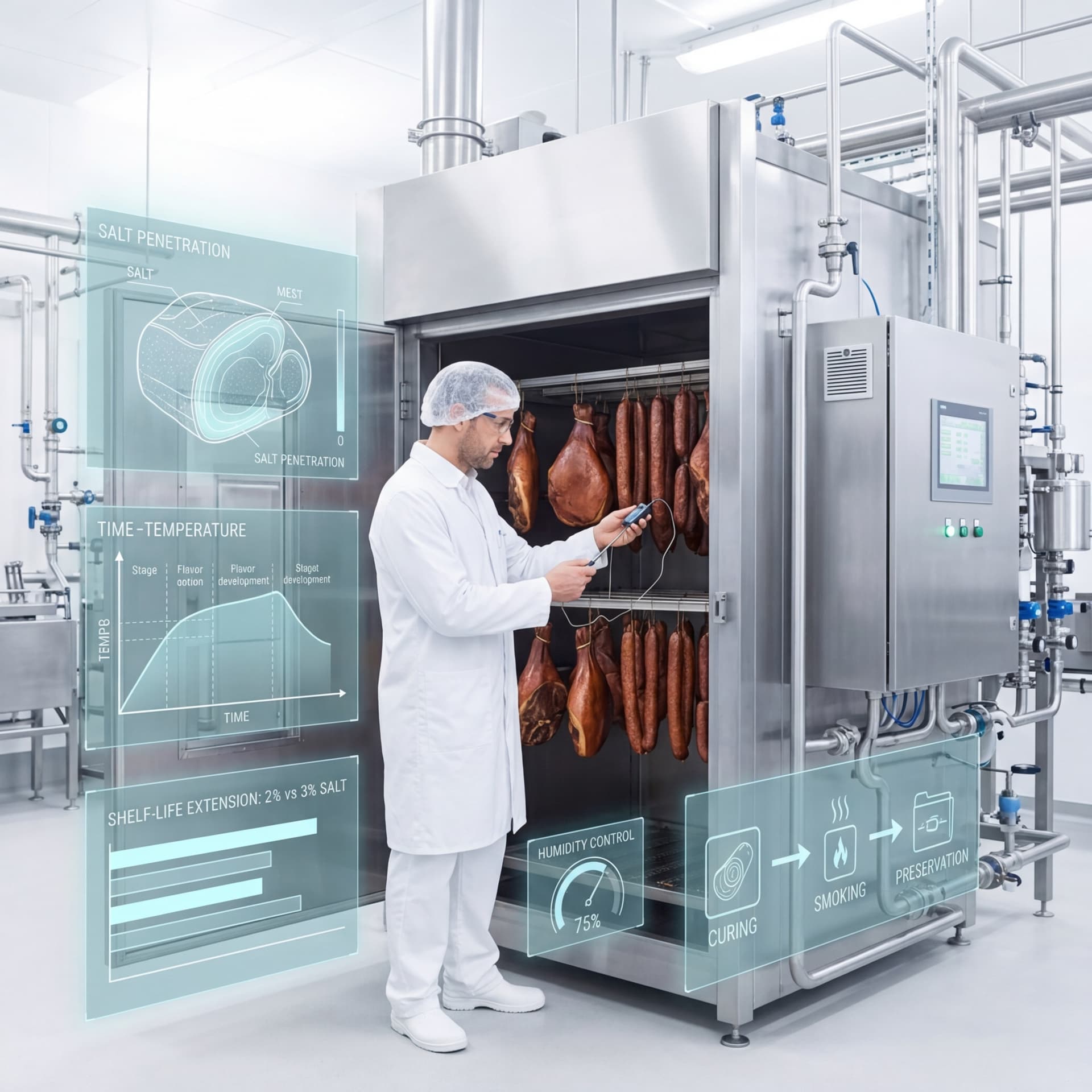 Food safety technician monitoring temperature-controlled smokehouse with cured meats hanging on racks and digital displays showing salt penetration and time-temperature data