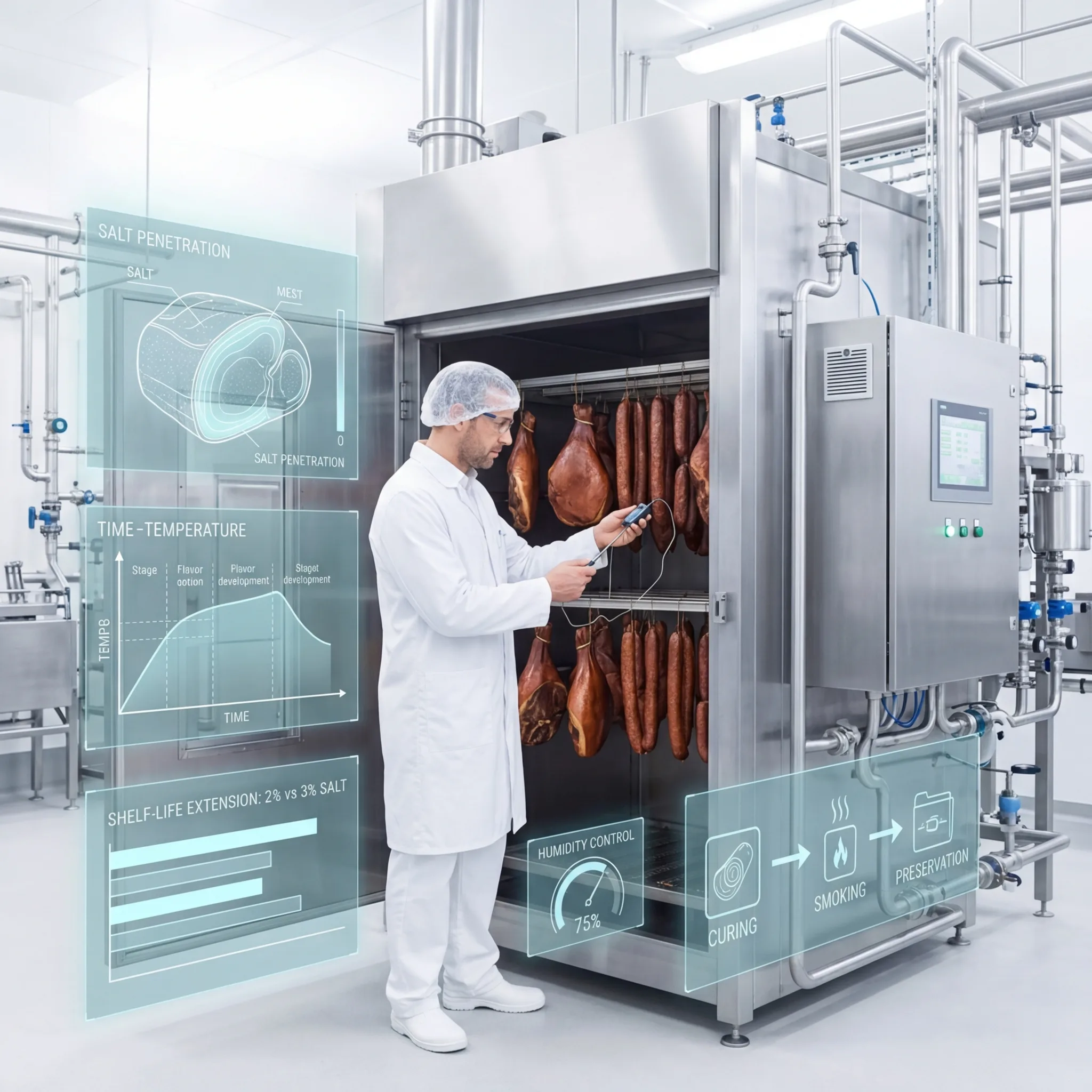 Food safety technician monitoring temperature-controlled smokehouse with cured meats hanging on racks and digital displays showing salt penetration and time-temperature data