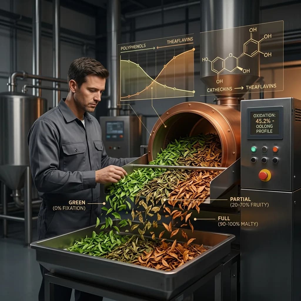 Tea processor monitoring oxidation levels of tea leaves in various stages from green to fully oxidized black tea with chemical compound data and temperature controls displayed