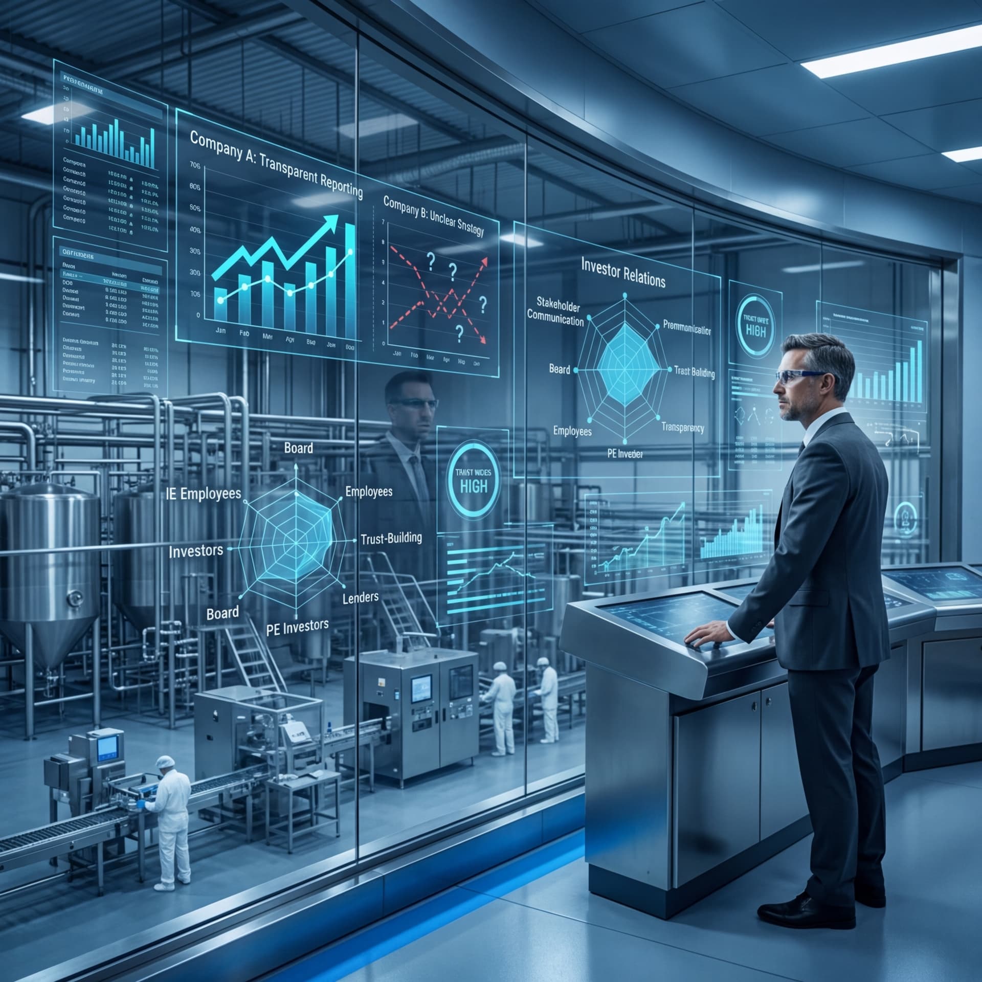 Executive reviewing investor relations and stakeholder communication dashboards in food manufacturing control room