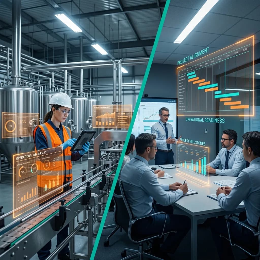 Split view of plant floor operations and conference room project review meeting with digital dashboards