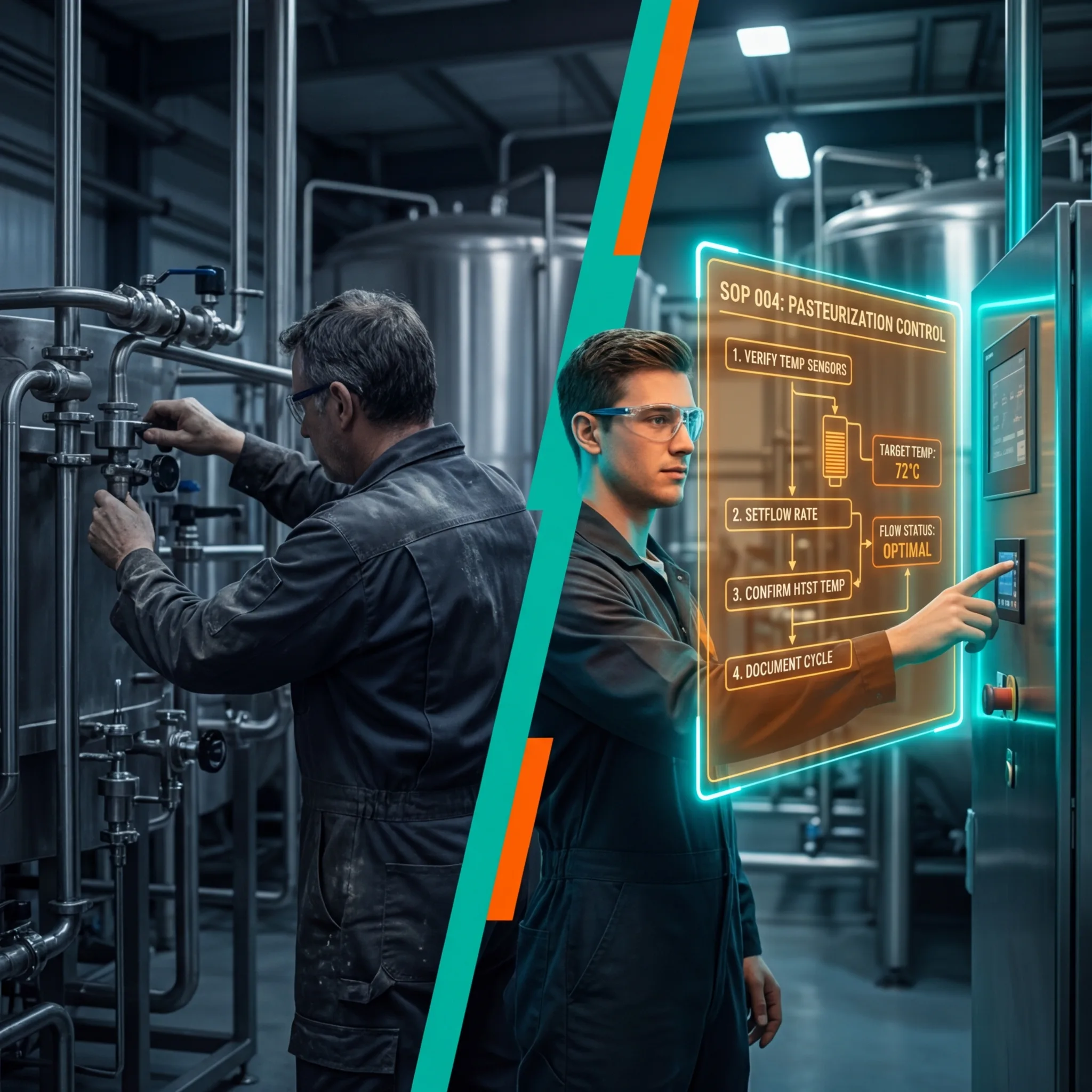 Split view comparing tribal knowledge operator with new worker following digital SOP for pasteurization control