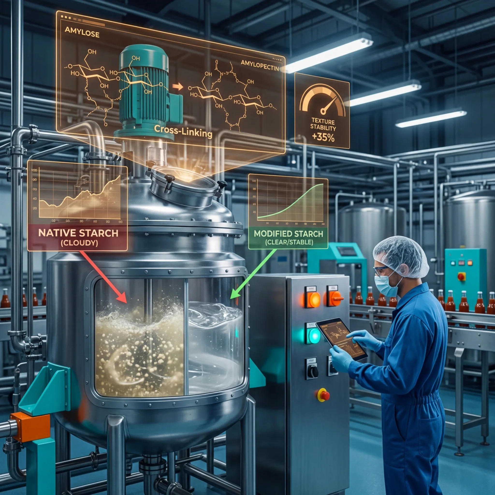Food manufacturing technician monitoring starch cross-linking process in a mixing vessel with native vs modified starch comparison displays on a sauce production line