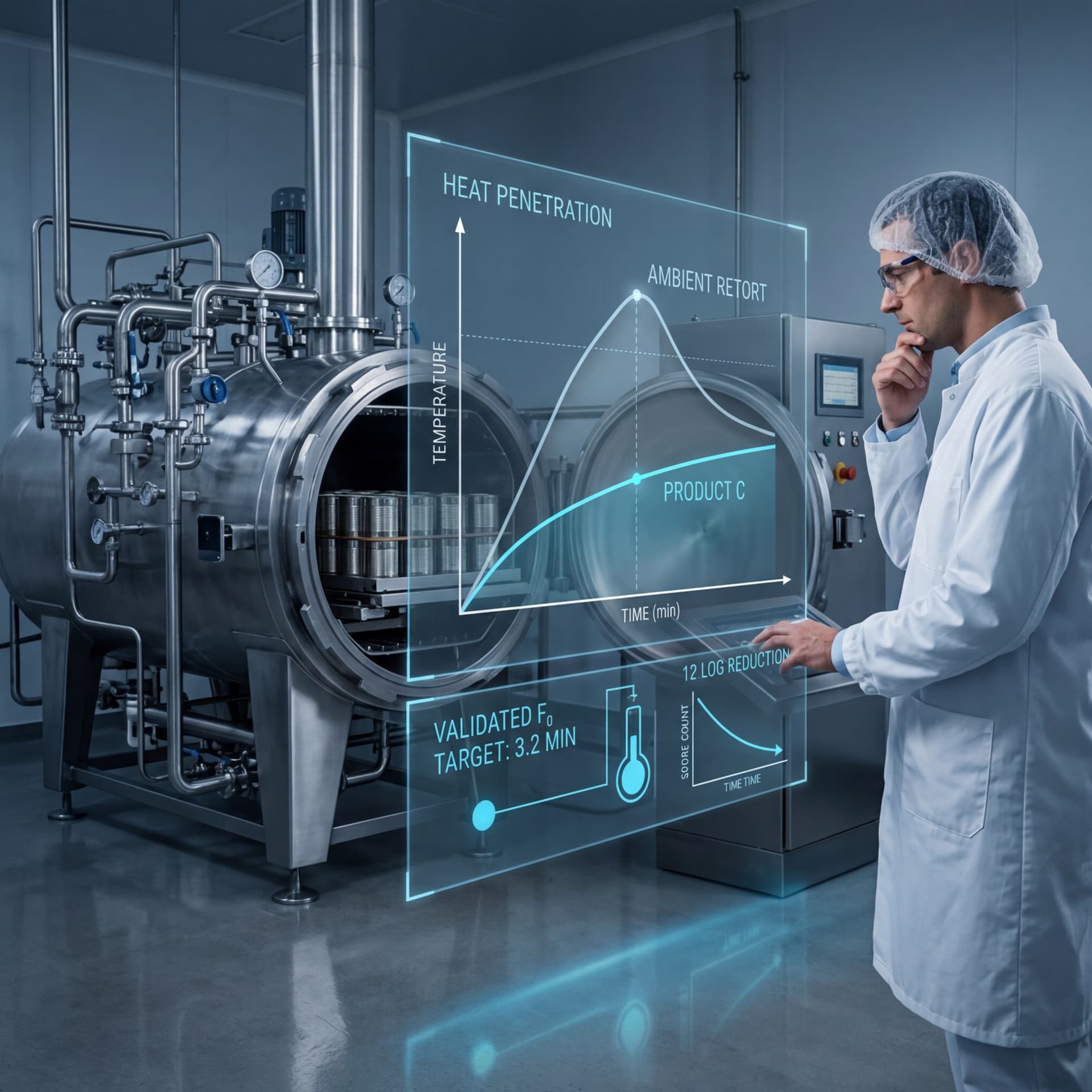 Process engineer analyzing heat penetration curves on a holographic display beside a stainless steel retort vessel in a food manufacturing facility