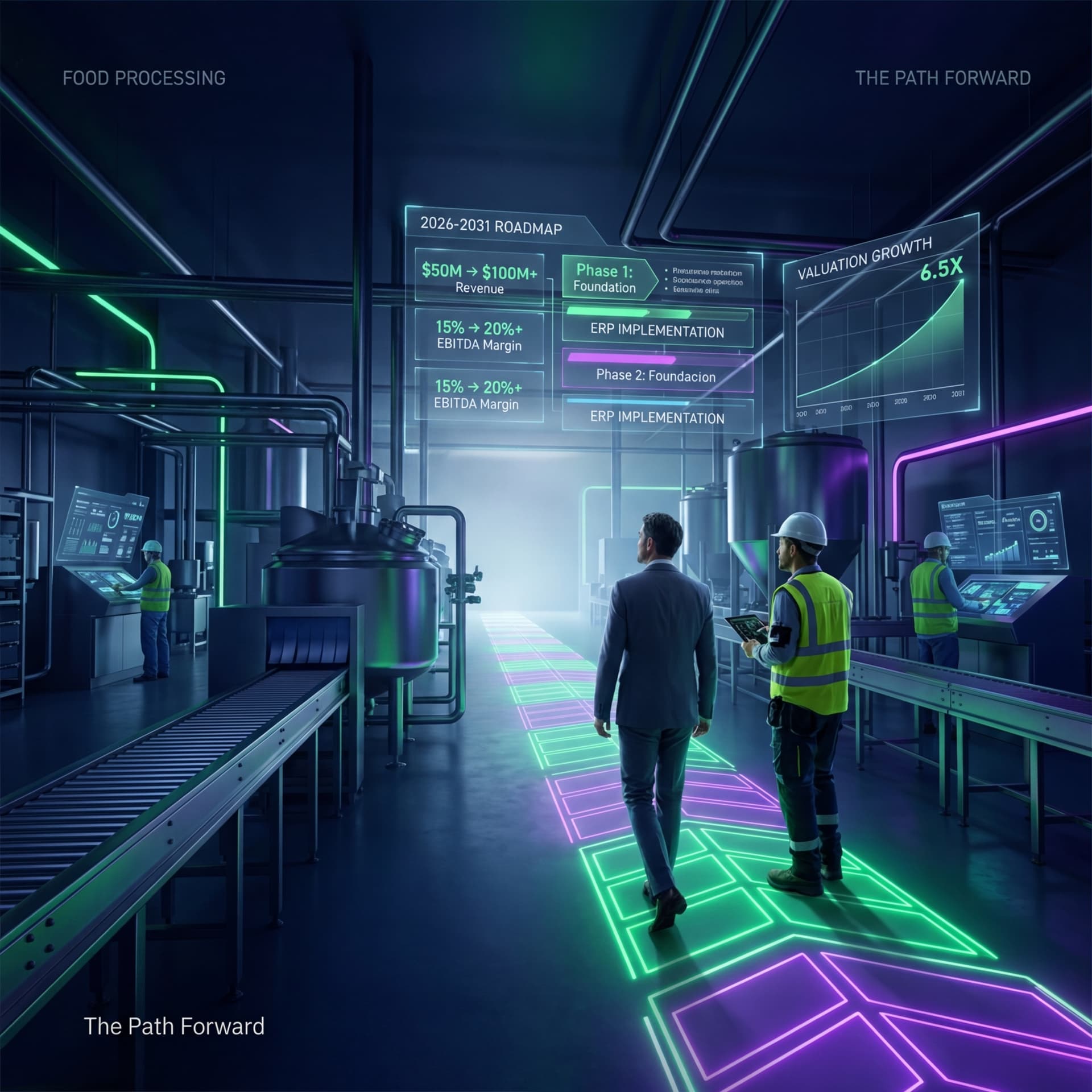 Executive and plant supervisor walking through a futuristic food processing facility with illuminated pathway and holographic roadmap displays showing revenue growth and valuation targets