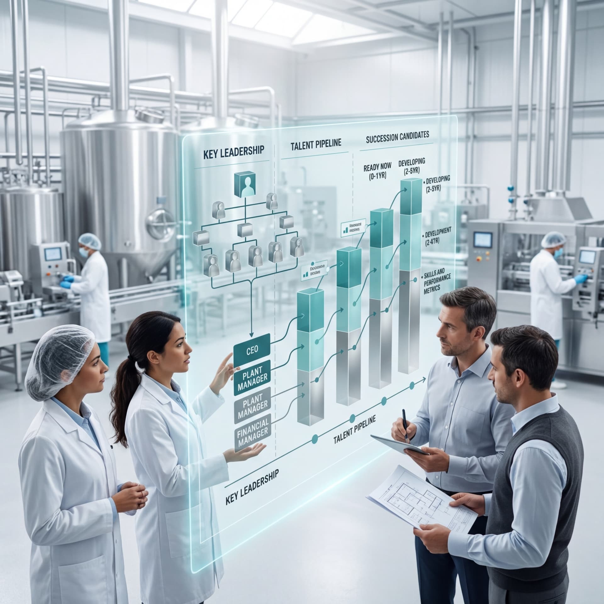 Leadership team reviewing talent pipeline and succession candidate charts in food manufacturing plant