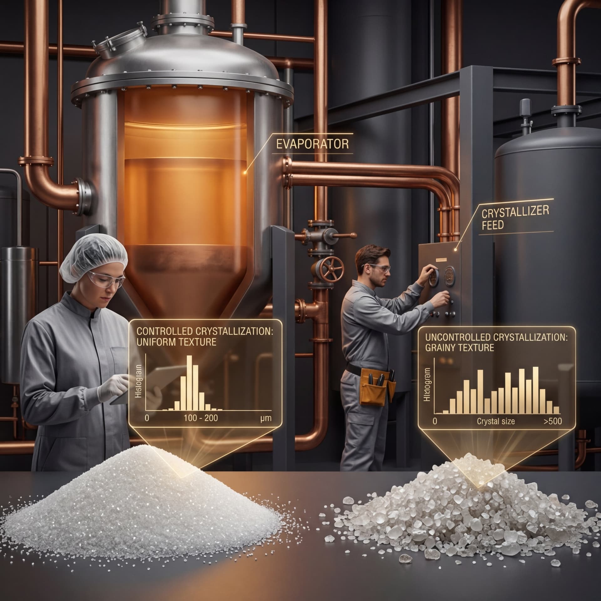 Sugar processing facility showing evaporator and crystallizer equipment with workers comparing controlled uniform crystals against uncontrolled grainy crystals