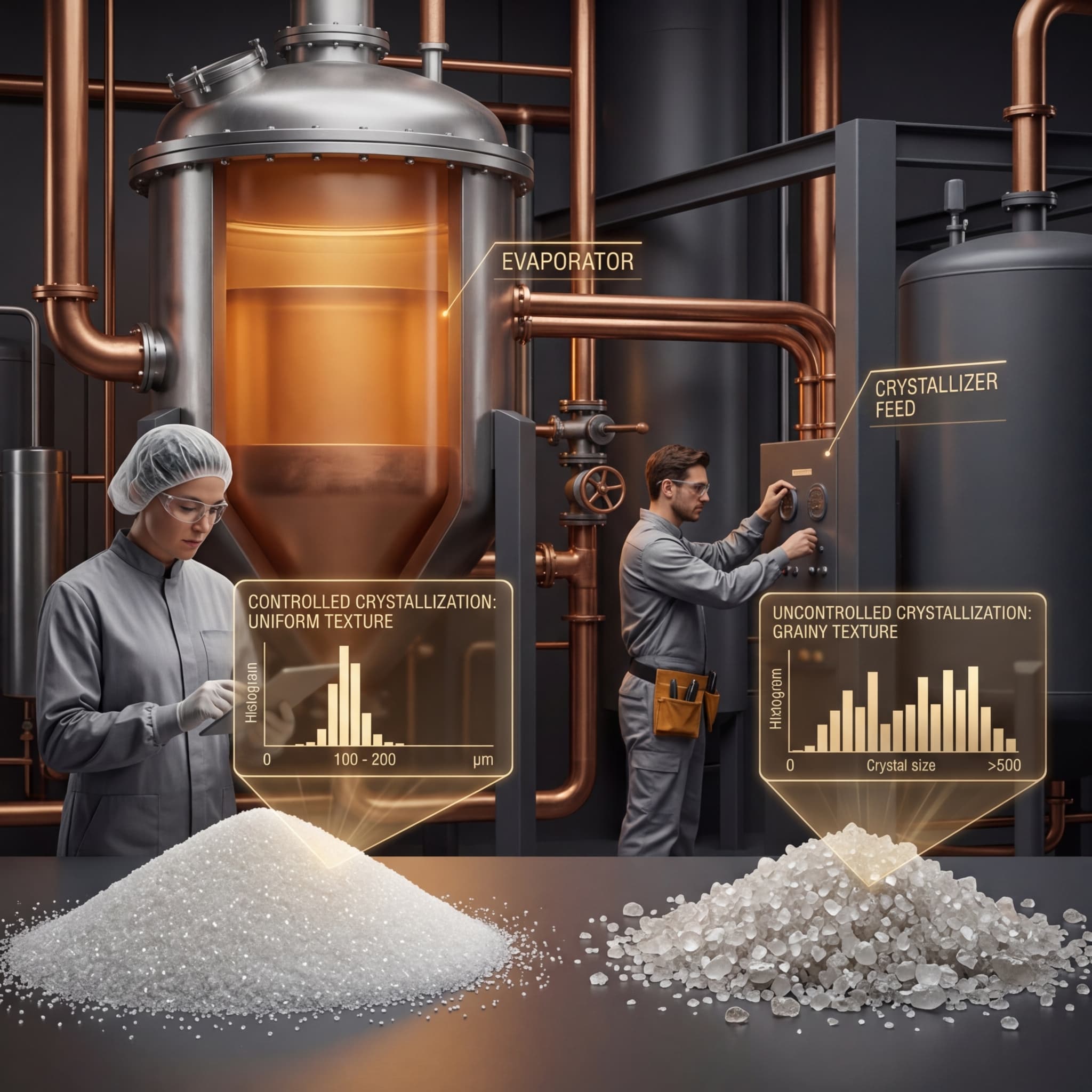 Sugar processing facility showing evaporator and crystallizer equipment with workers comparing controlled uniform crystals against uncontrolled grainy crystals