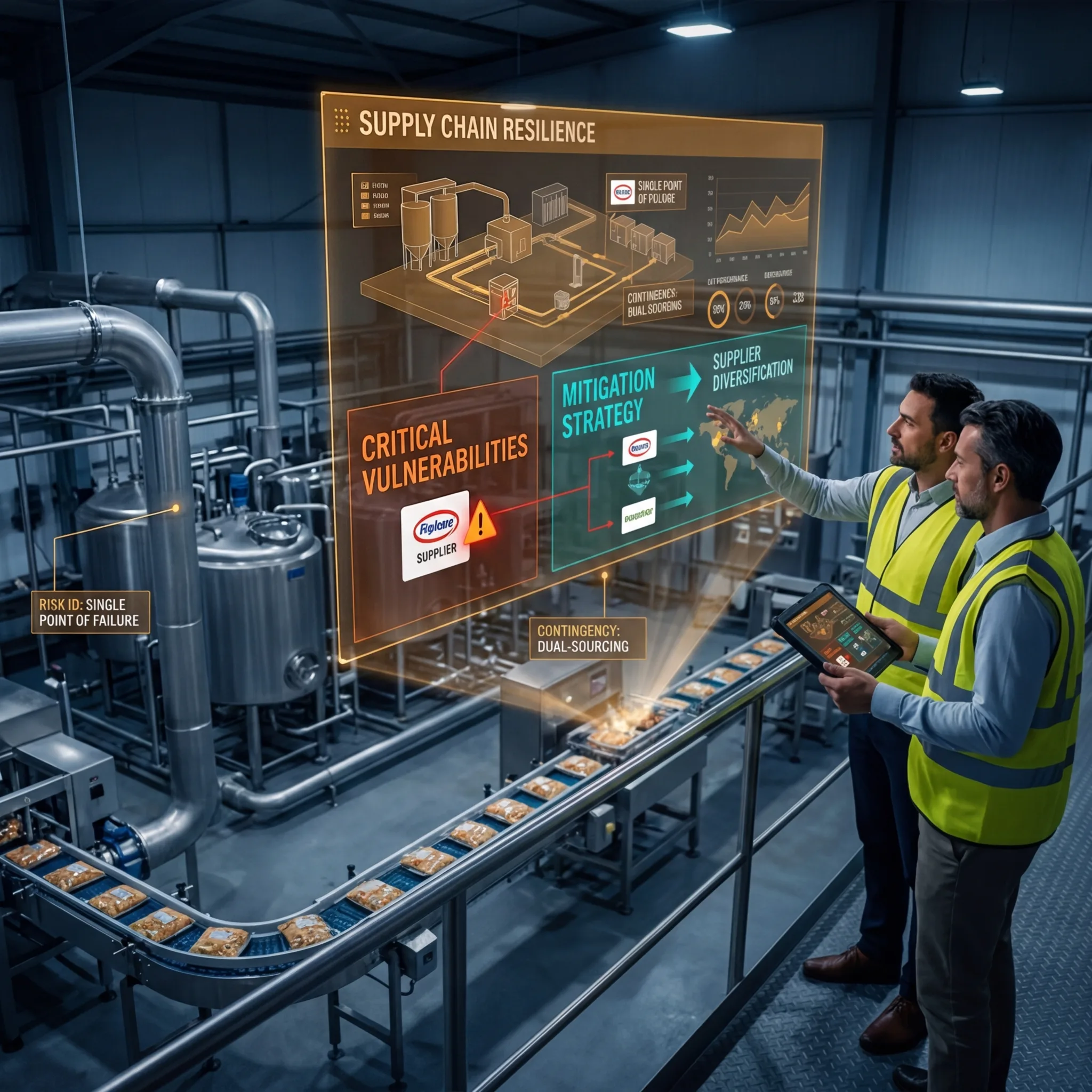 Two workers reviewing supply chain resilience dashboard with mitigation strategy overlays in food plant