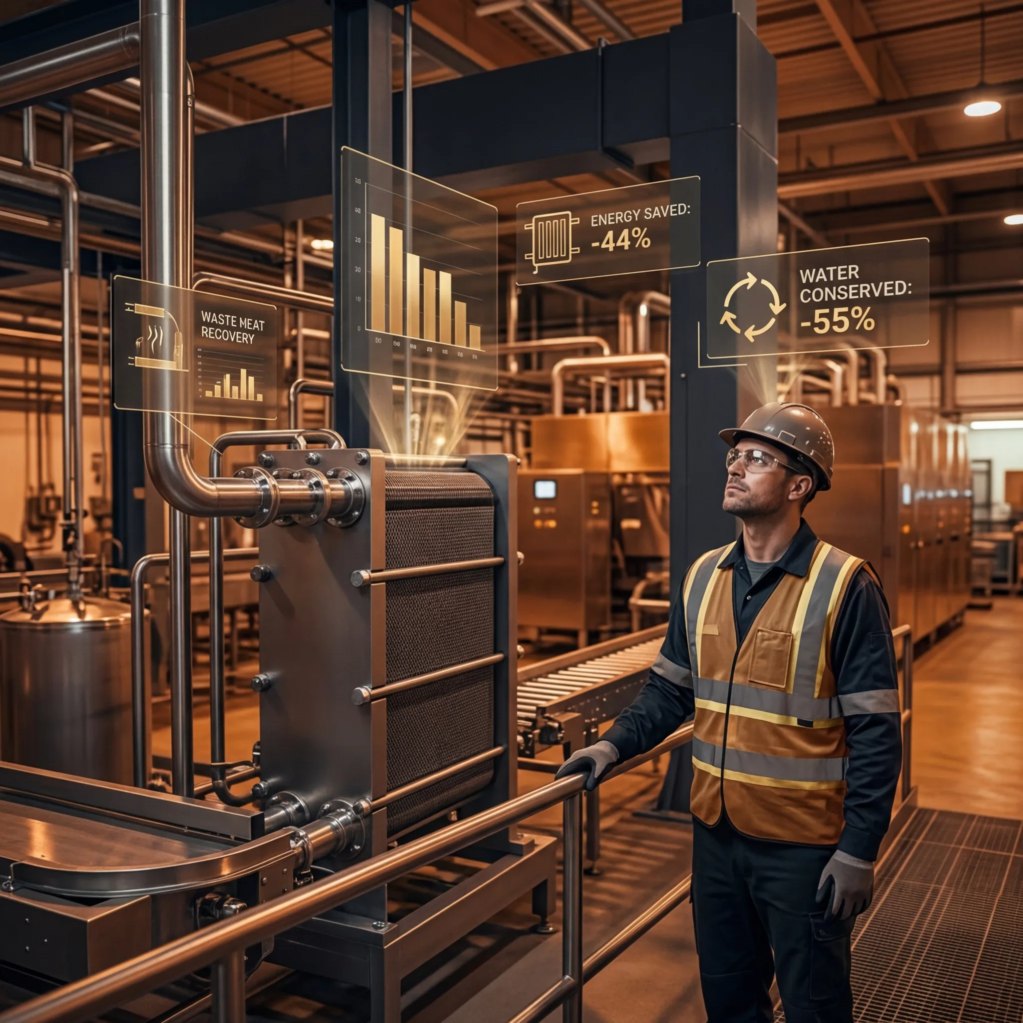 Plant engineer in safety vest reviewing energy consumption and water conservation data on holographic displays beside heat recovery equipment in a food processing facility
