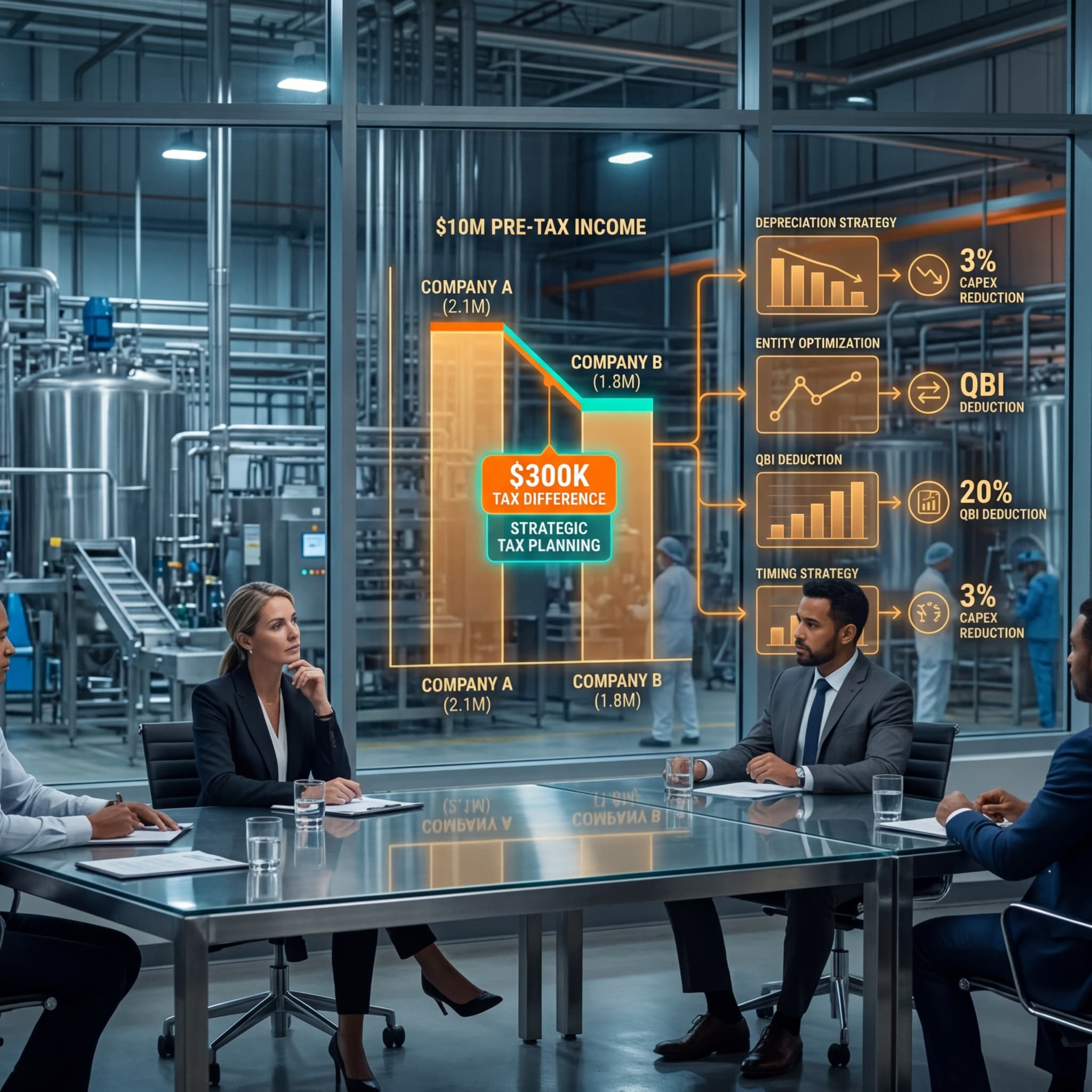 Leadership team reviewing tax planning strategy and depreciation optimization displays in a food manufacturing conference room
