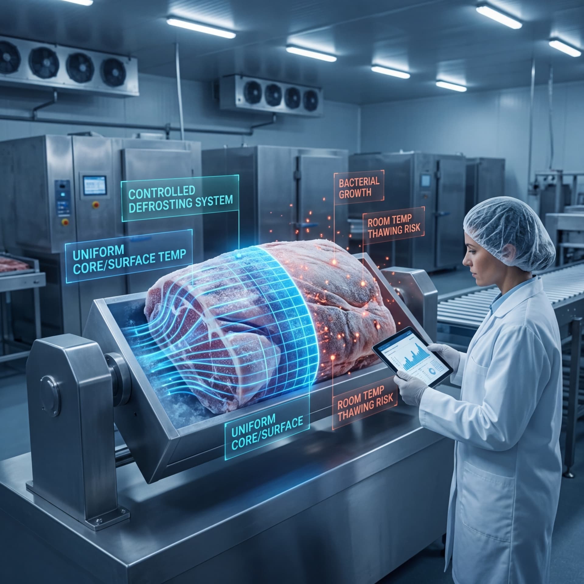 Food safety technician with tablet monitoring a controlled defrosting system with holographic overlays showing uniform core and surface temperature data for frozen meat