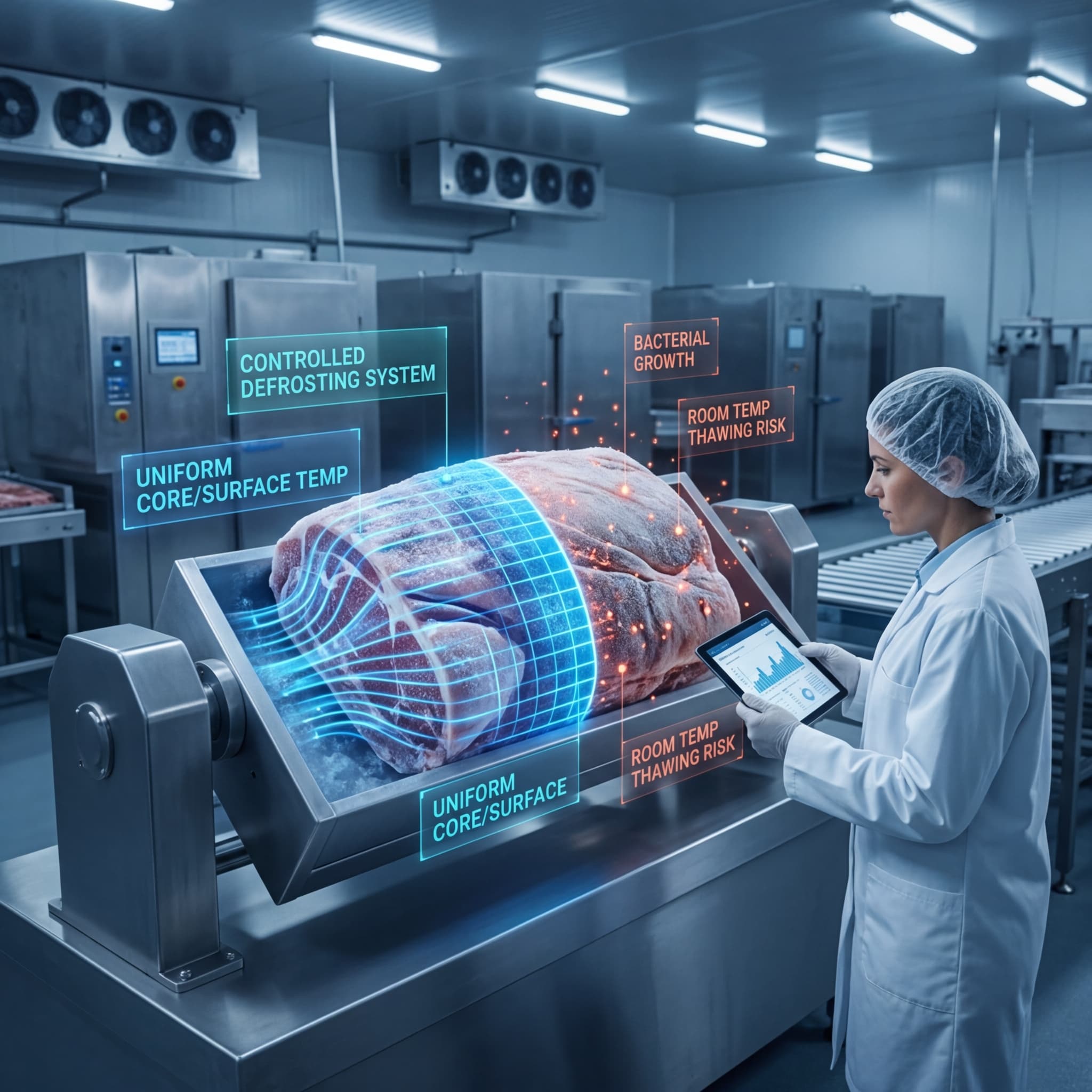 Food safety technician with tablet monitoring a controlled defrosting system with holographic overlays showing uniform core and surface temperature data for frozen meat